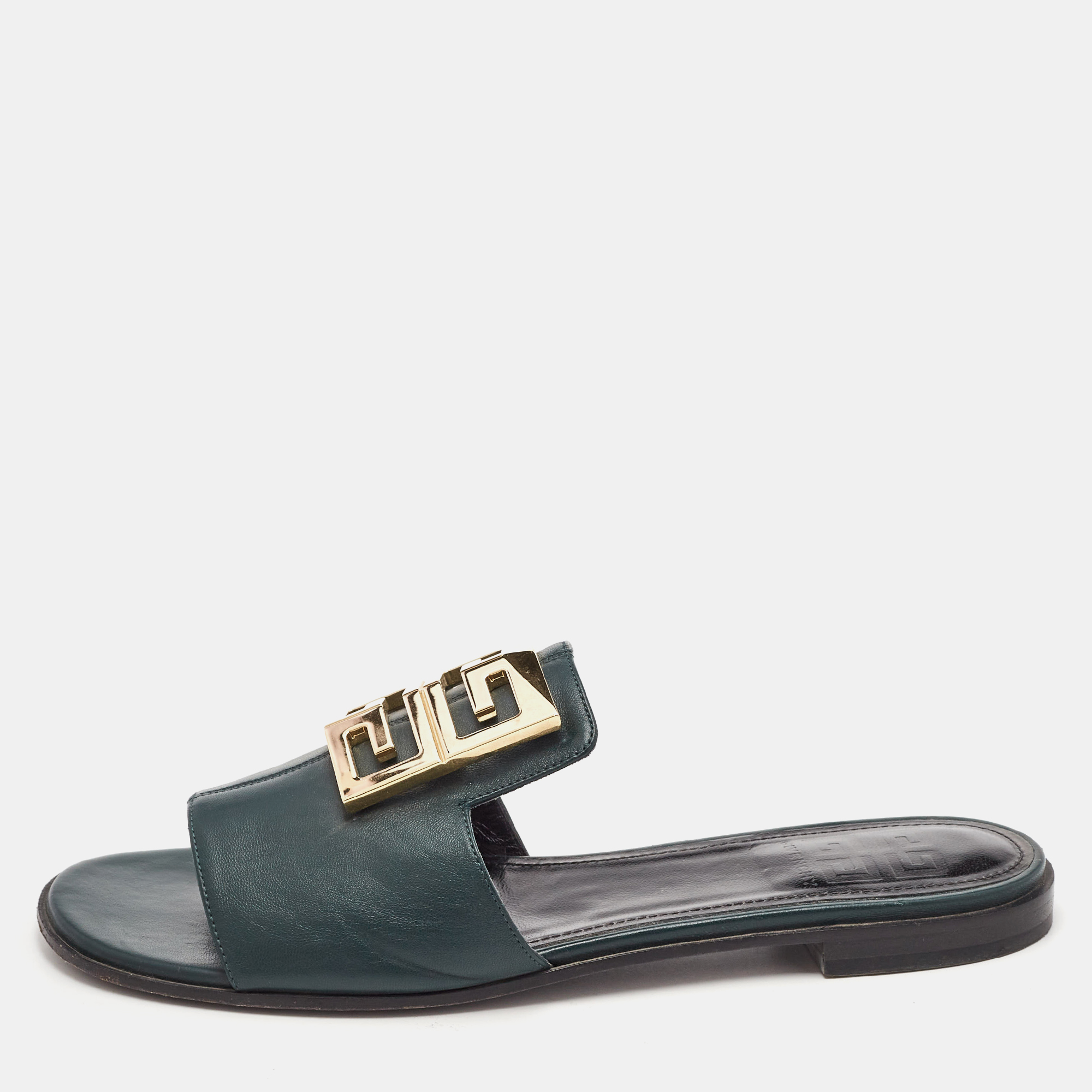 

Givenchy Dark Green Leather 4G Flat Slides Size