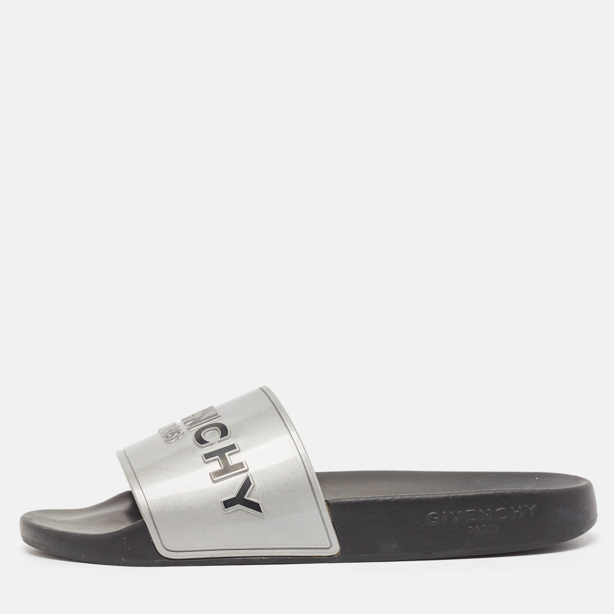 

Givenchy Silver Rubber Logo Flat Slides Size