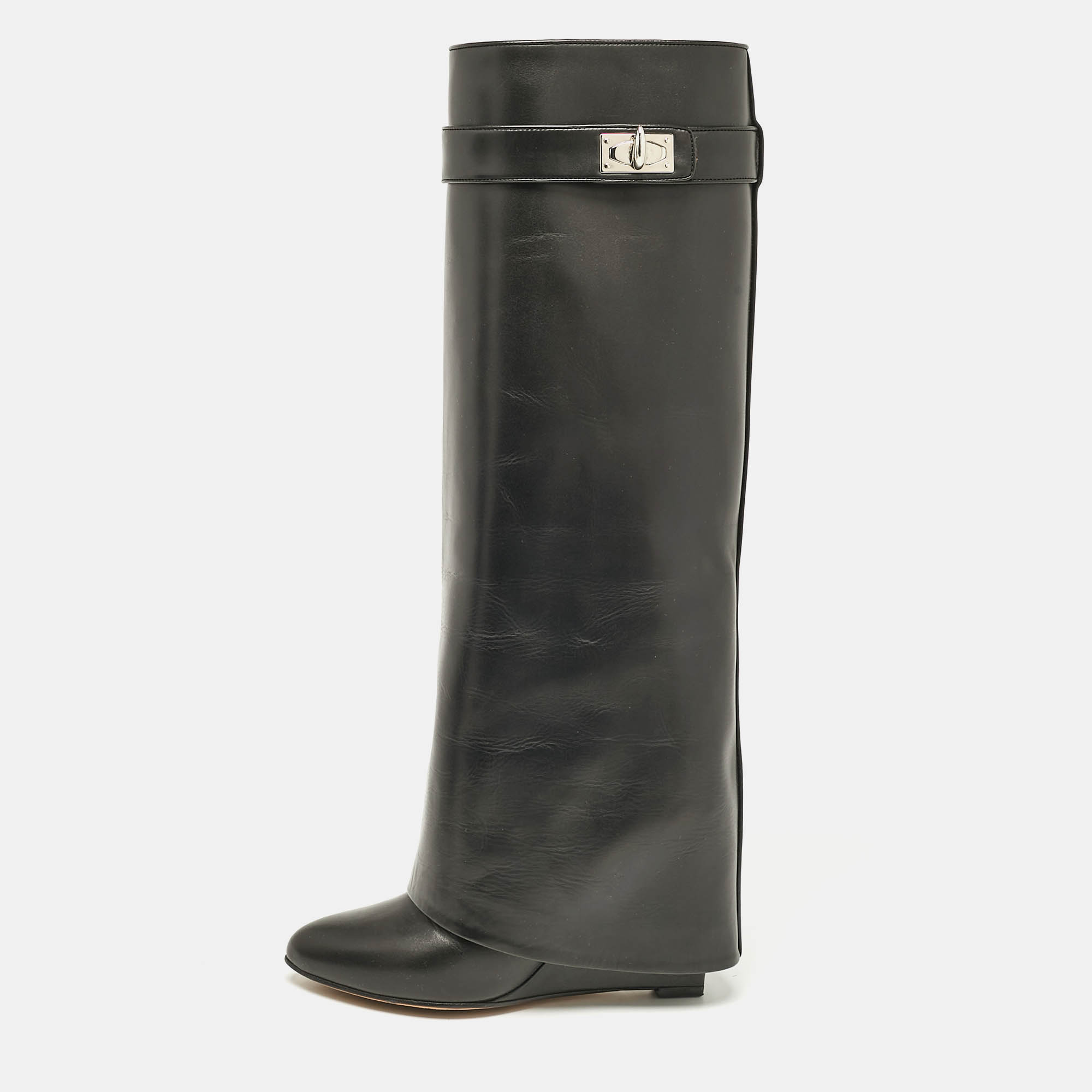 

Givenchy Black Leather Shark Lock Wedge Knee High Boots Size