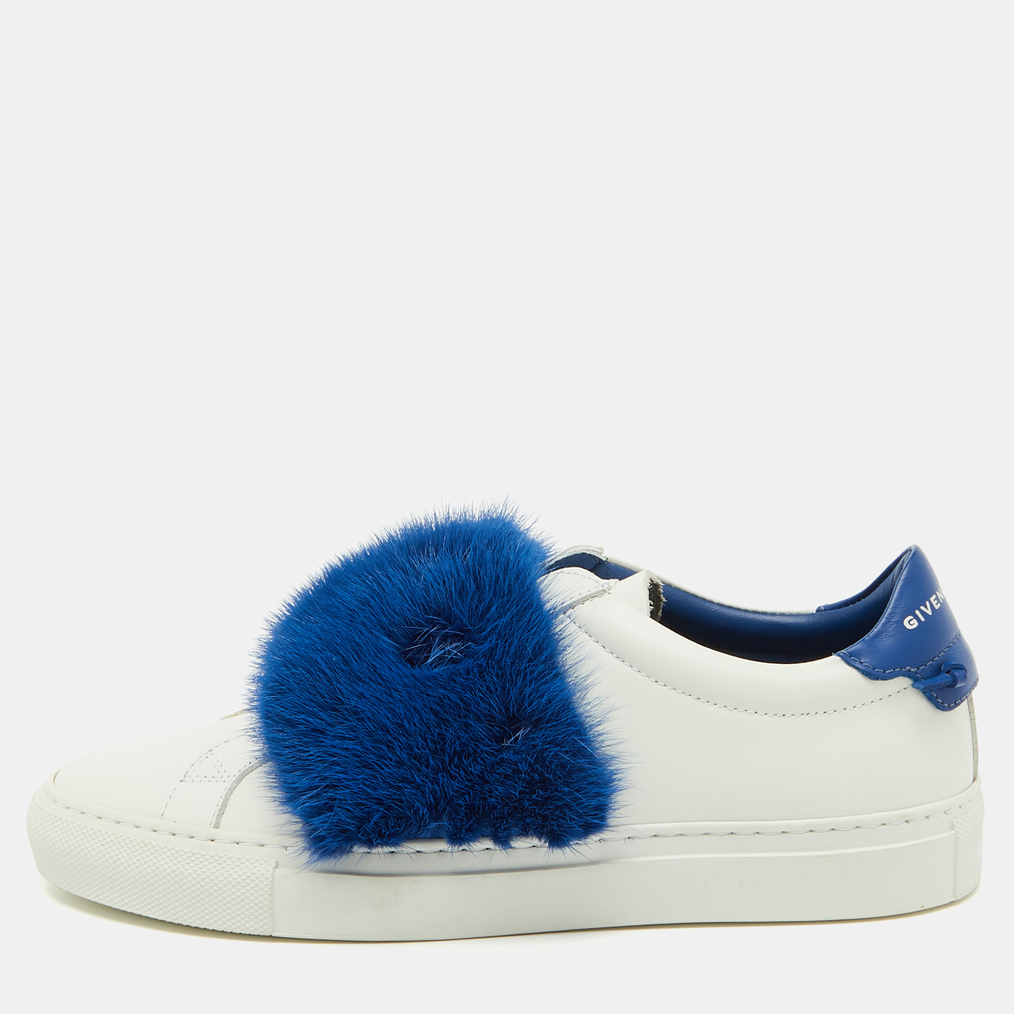 

Givenchy White/Blue Leather and Mink Fur Urban Street Slip On Sneakers Size