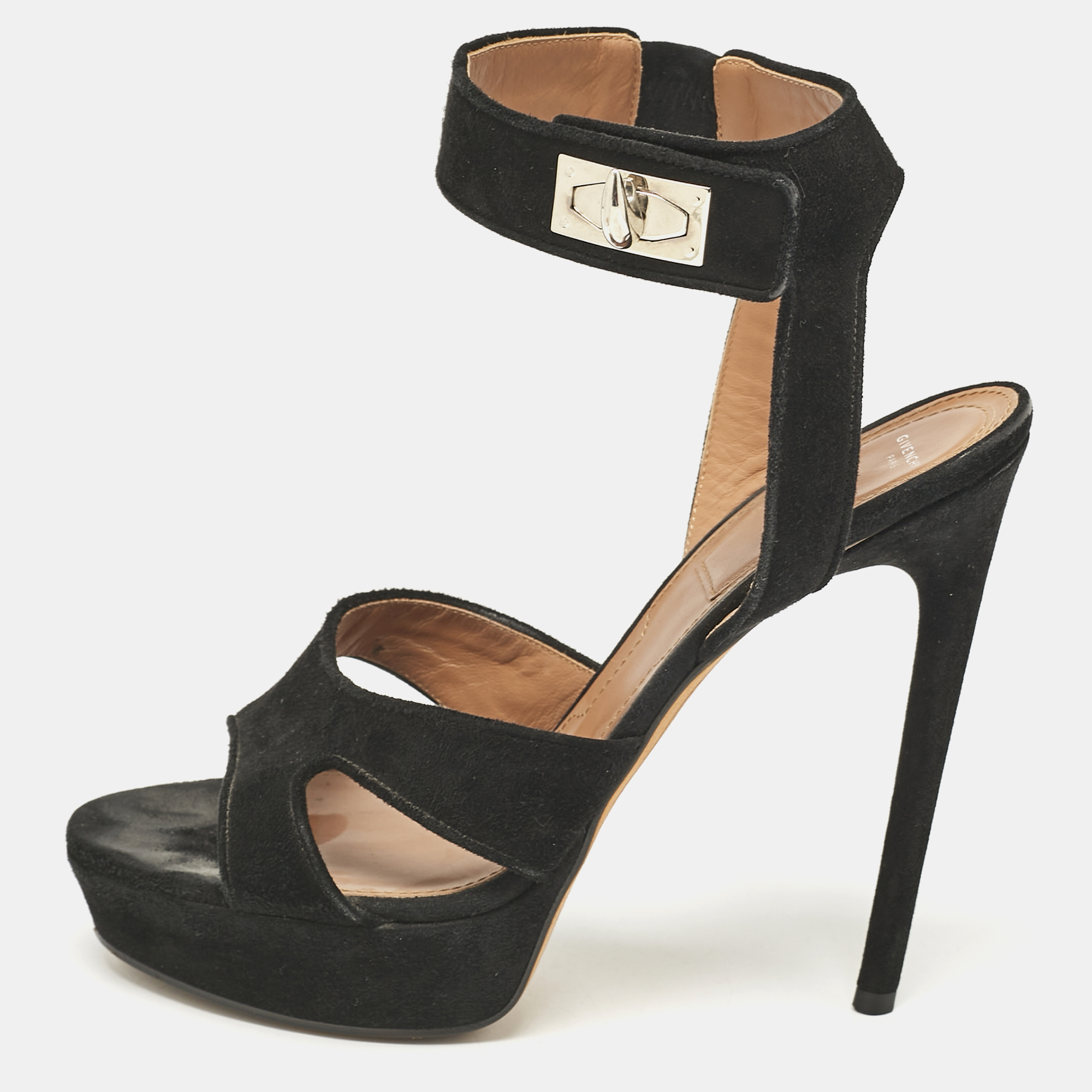 

Givenchy Black Suede Shark Lock Ankle Strap Sandals Size