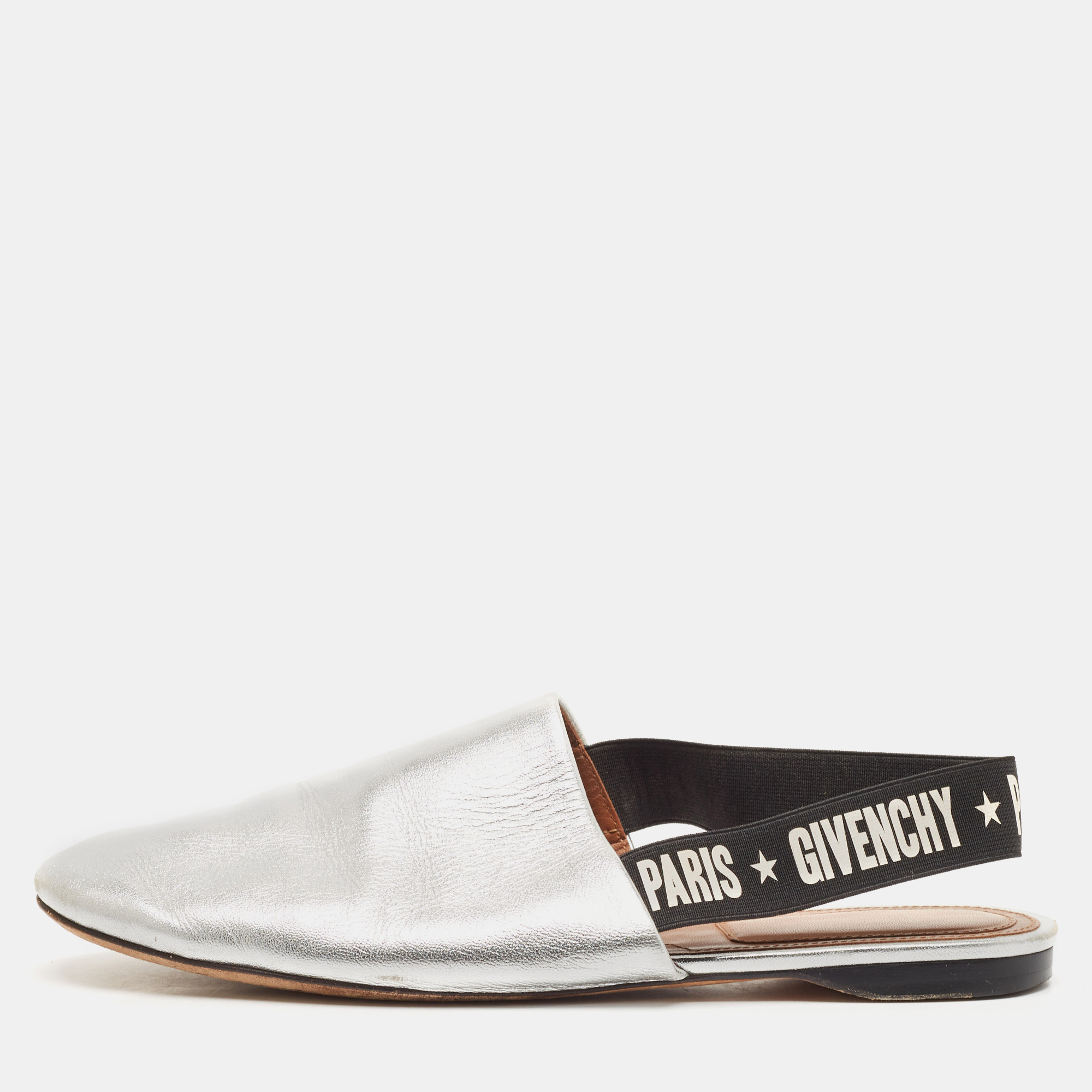 

Givenchy Sliver Leather Rivington Logo Slingback Flat Mules Size, Silver