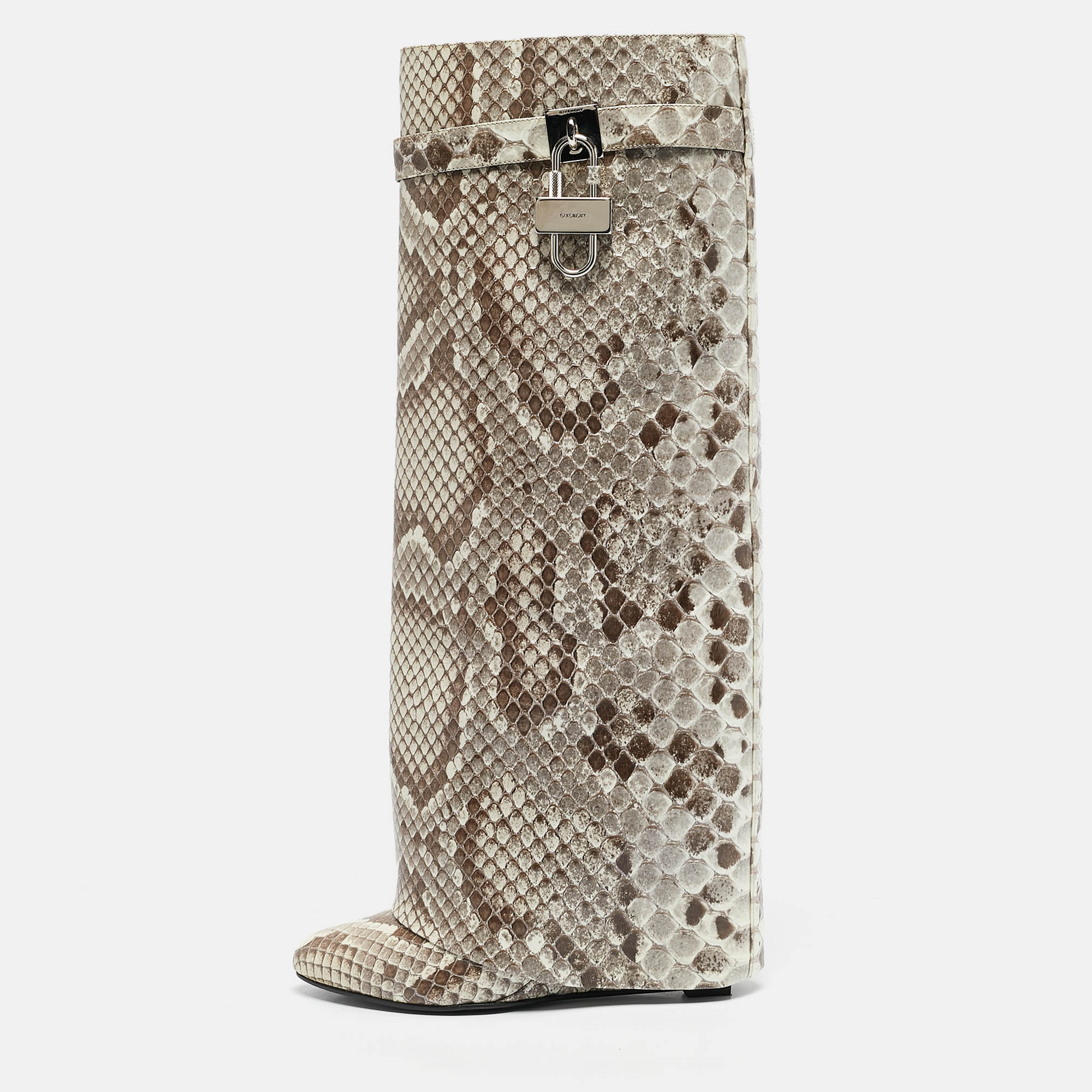 

Givenchy Brown/Cream Python Embossed Leather Shark Tooth Knee Length Boots Size