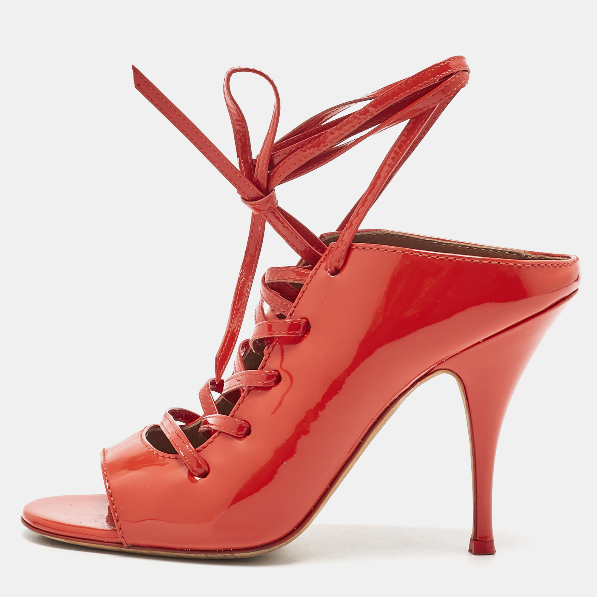 

Givenchy Coral Red Patent Leather Lace Up Backless Mule Sandals Size