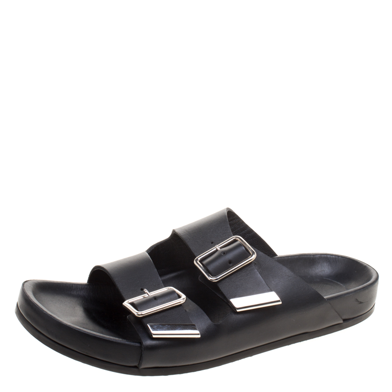 Givenchy Black Leather Buckle Detail Flat Slides Size 39