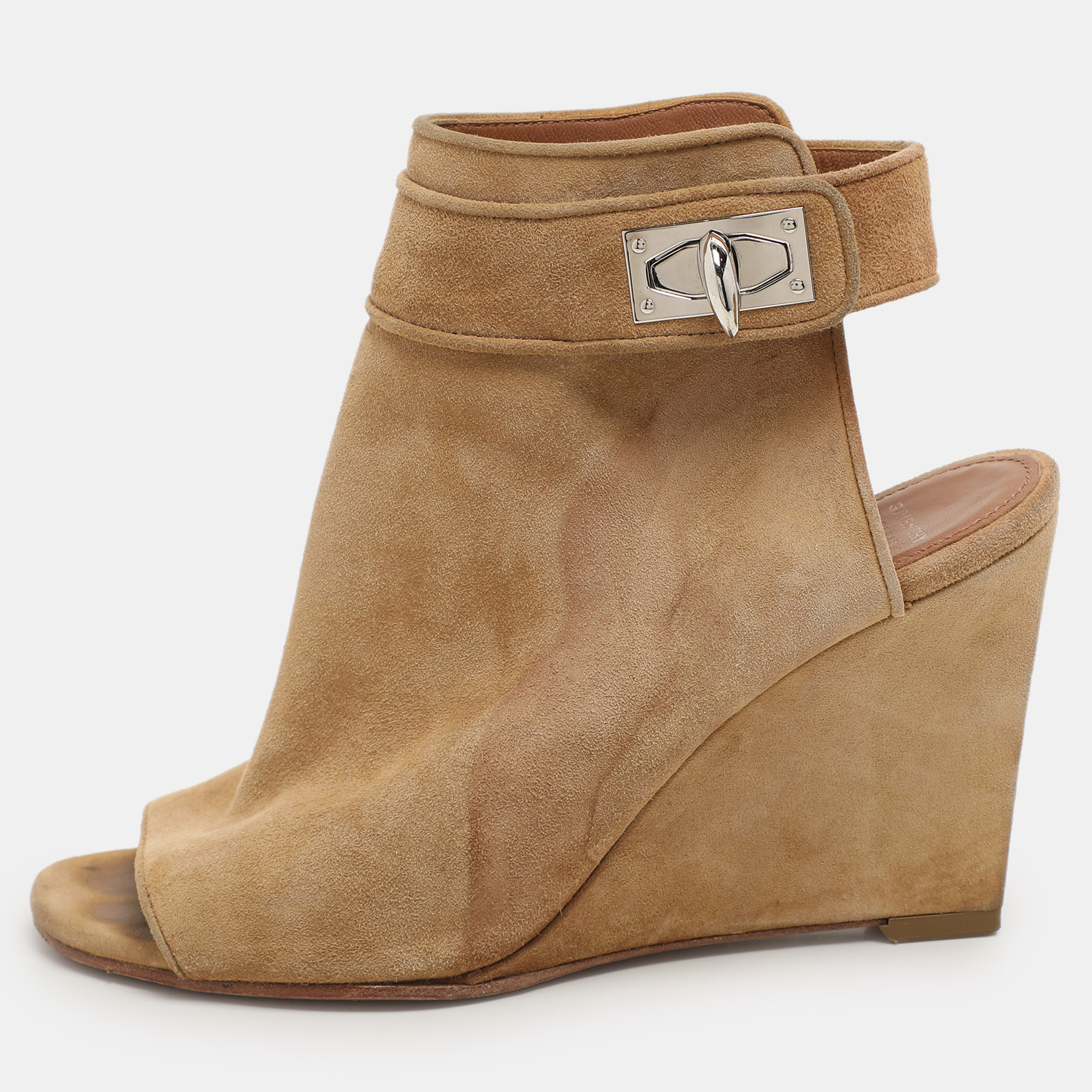 Pre-owned Givenchy Beige Suede Shark Lock Peep-toe Wedge Booties Size 35