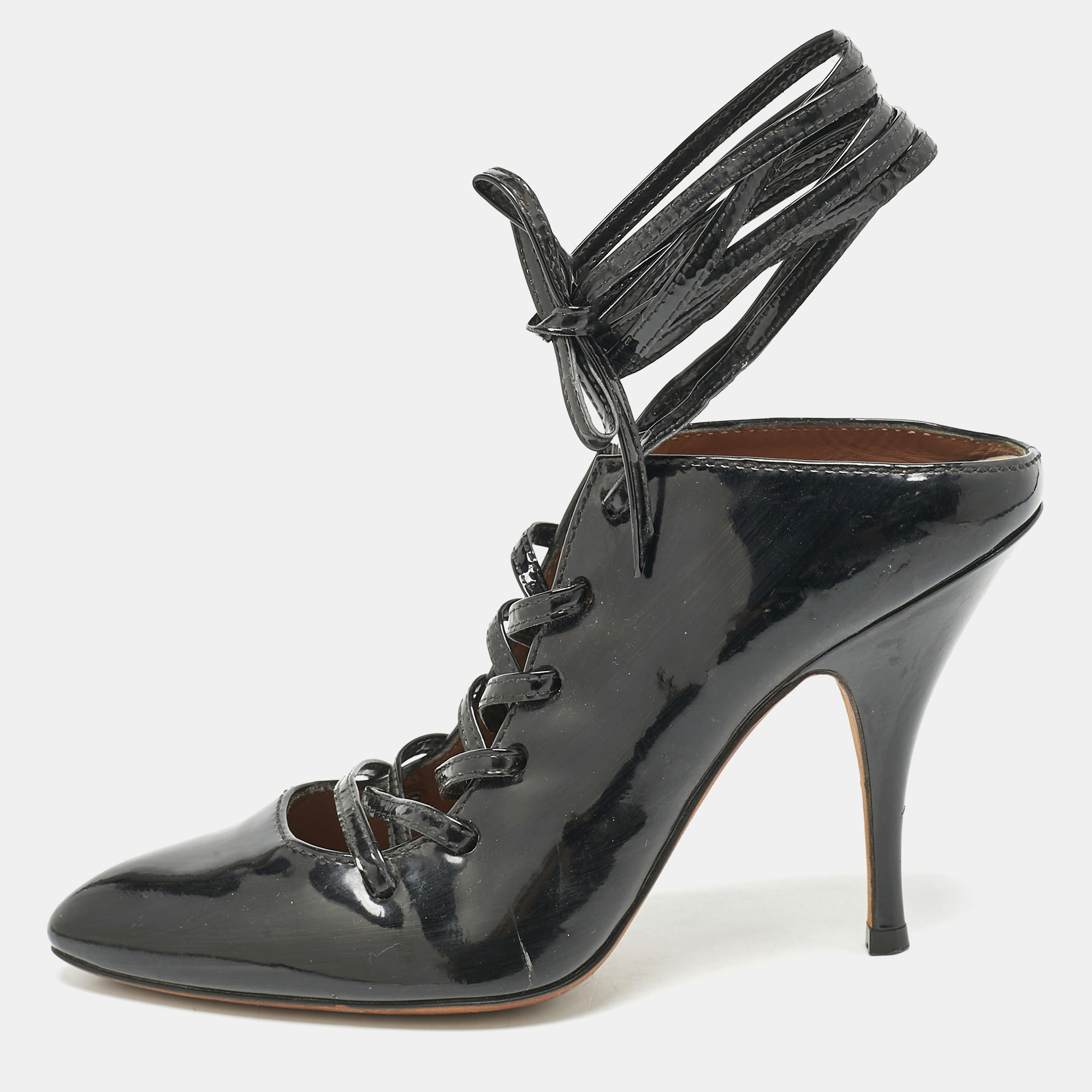 

Givenchy Black Patent Leather Wrap Up Mules Size
