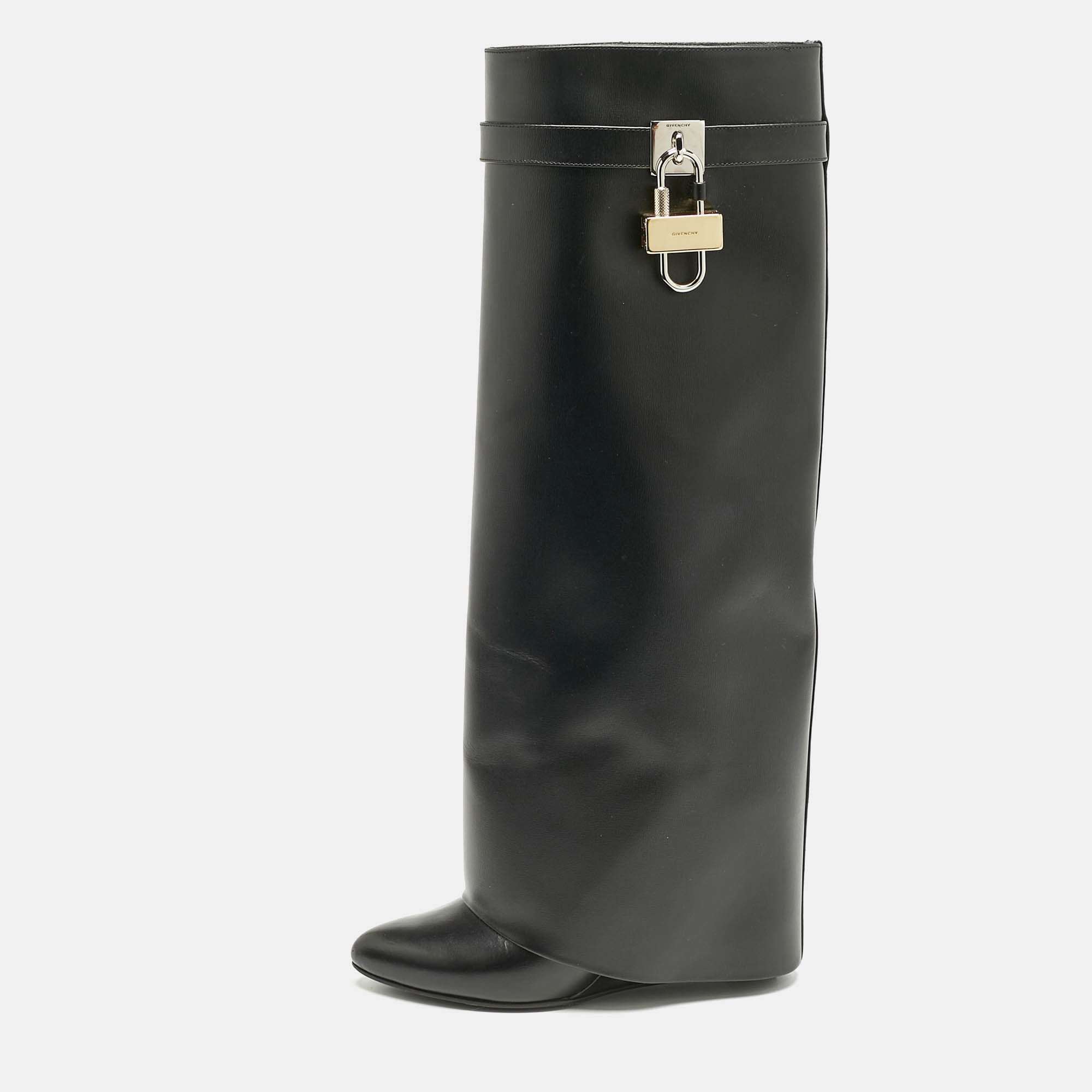 

Givenchy Black Leather Shark Lock Wedge Knee High Boots Size