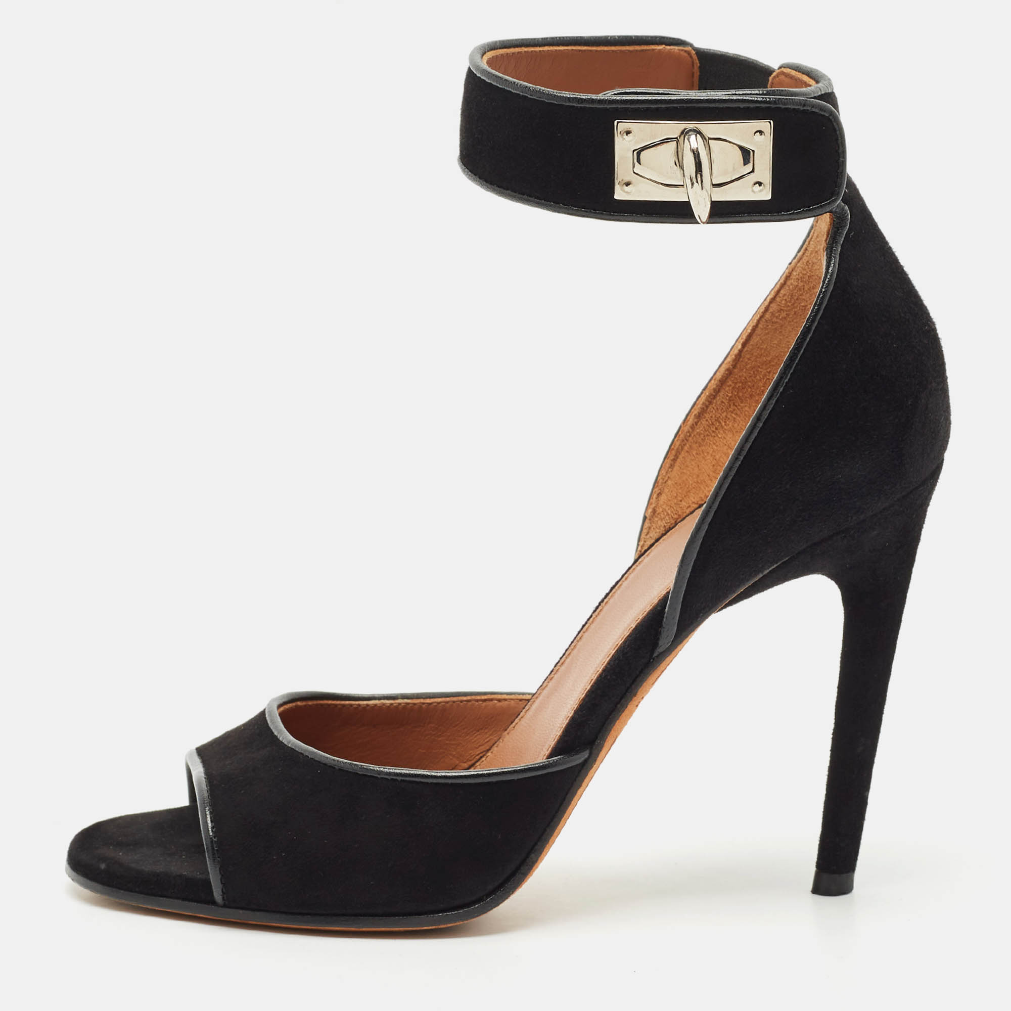 

Givenchy Black Leather and Suede Shark Lock Ankle Strap Sandals Size