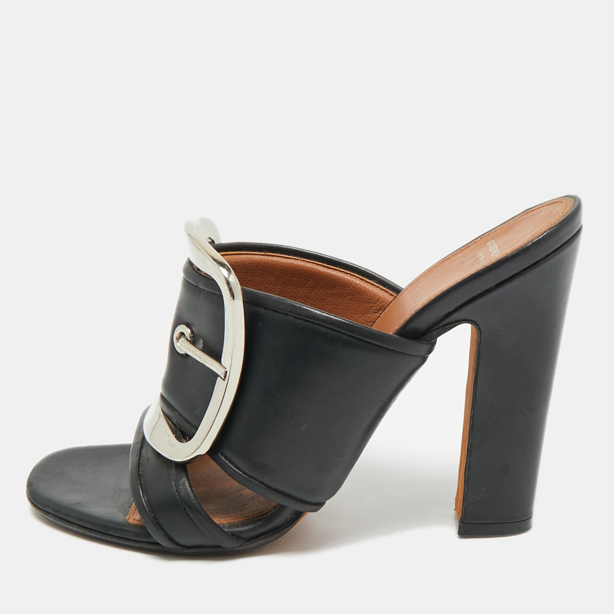 

Givenchy Black Leather Buckle Detail Slide Sandals Size