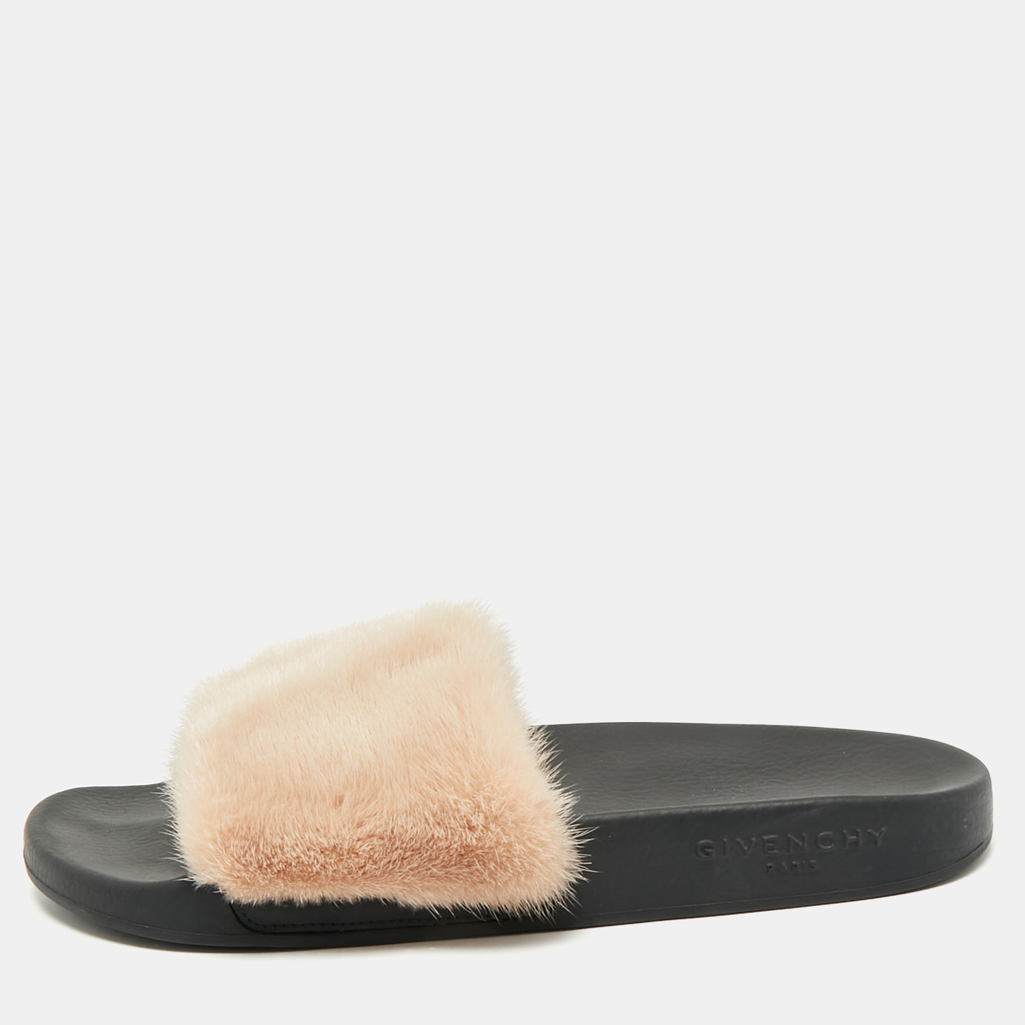 Pre-owned Givenchy Beige Mink Fur Flat Slides Size 39 In Sand