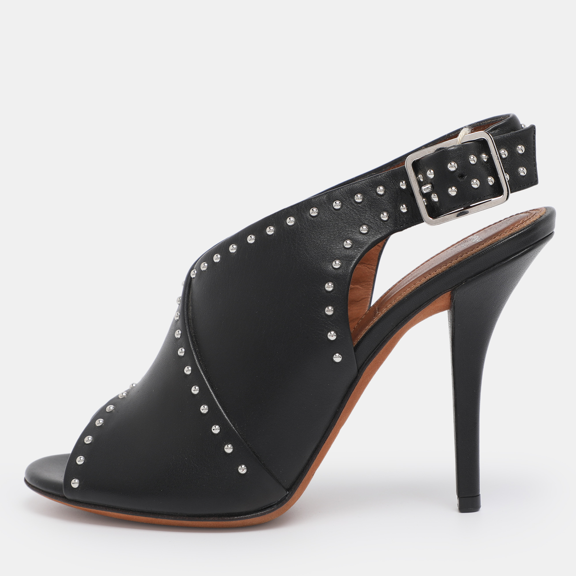 

Givenchy Black Studded Leather Peep Toe Slingback Sandals Size 35.5