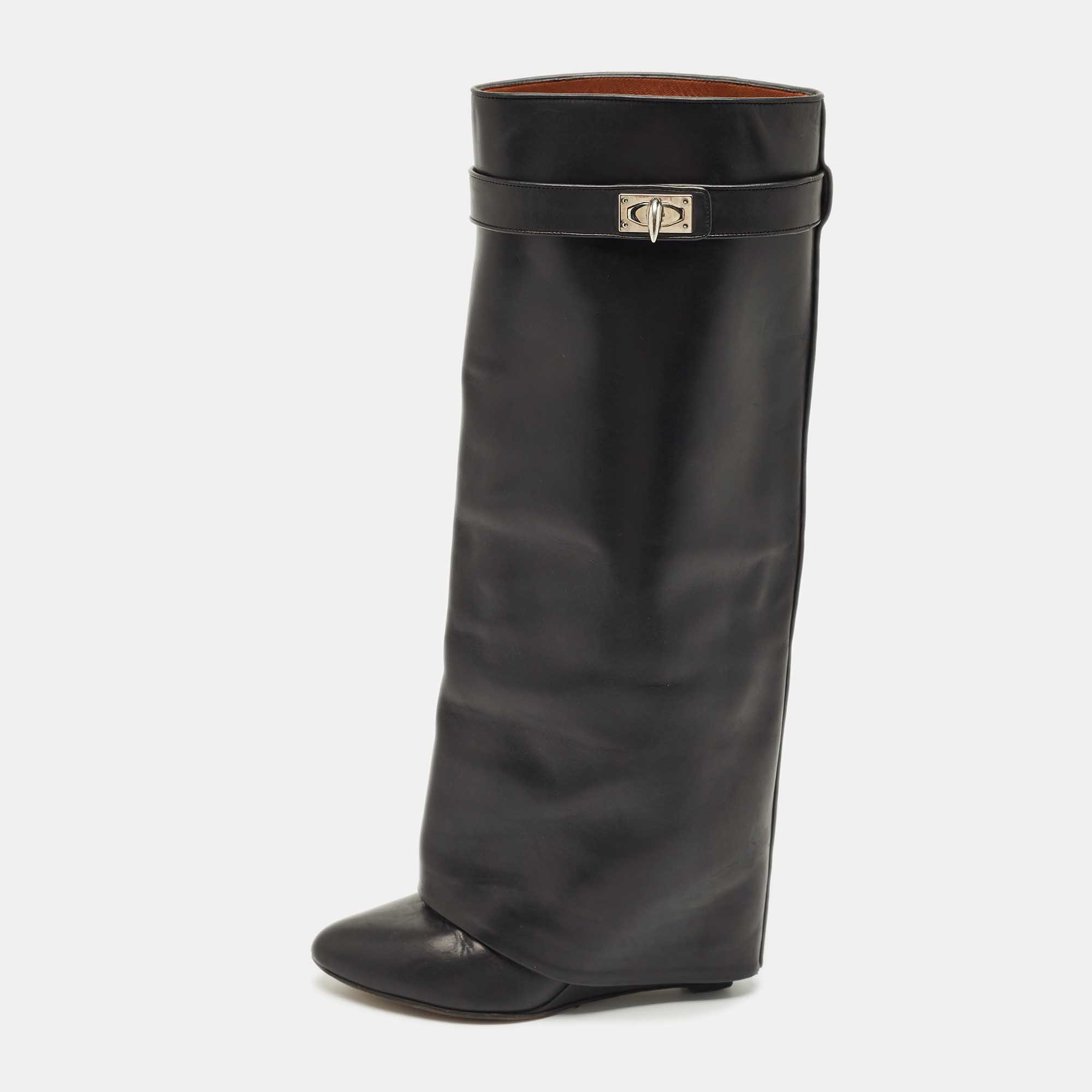 

Givenchy Black Leather Shark Lock Wedge Knee High Boots Size