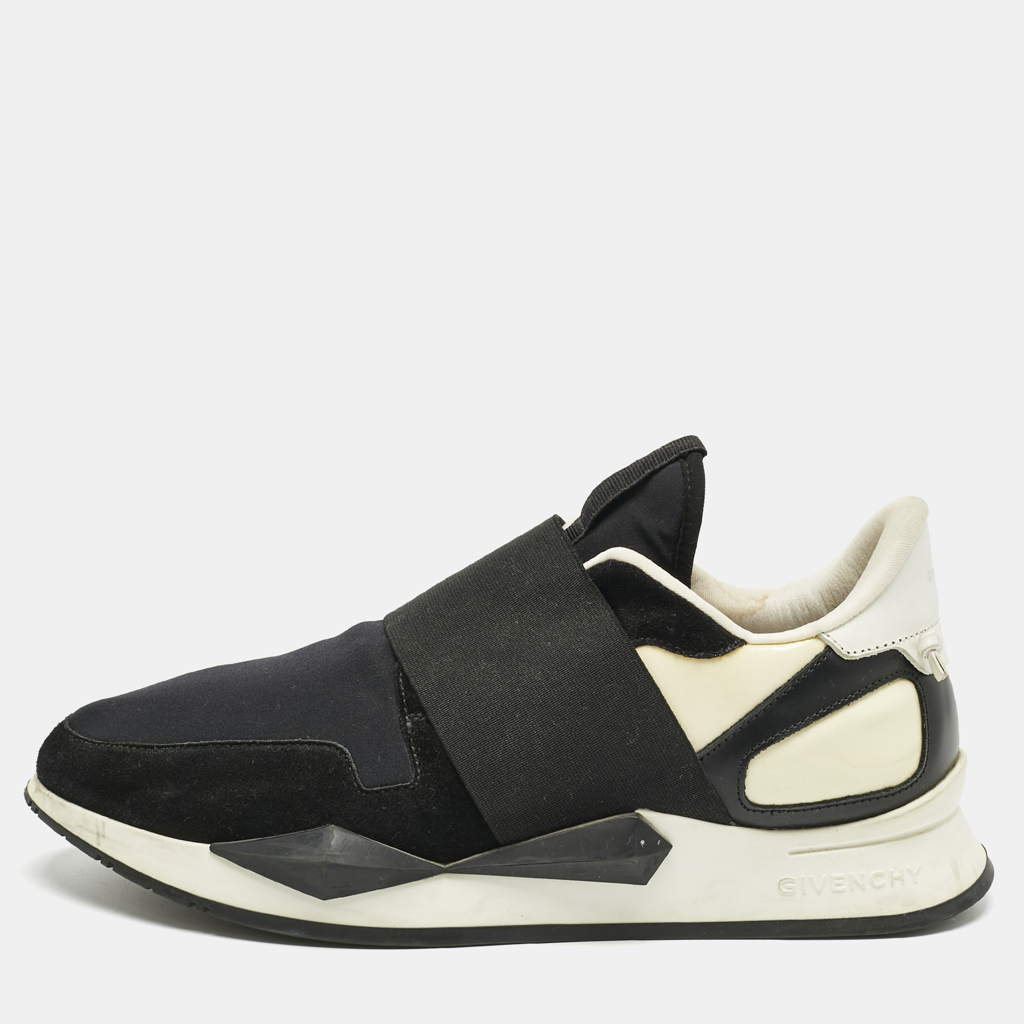 Pre-owned Givenchy Black/white Neoprene And Leather Runner Elastic Slip On Sneakers Size 39.5