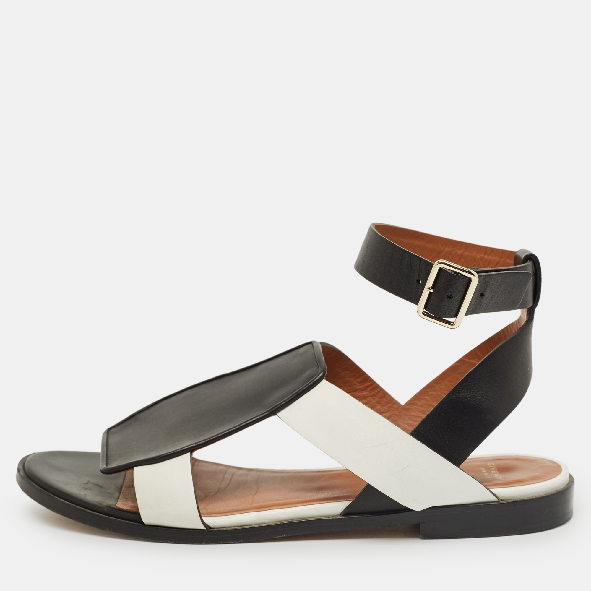 

Givenchy Black/White Leather Ankle Strap Flat Sandals Size
