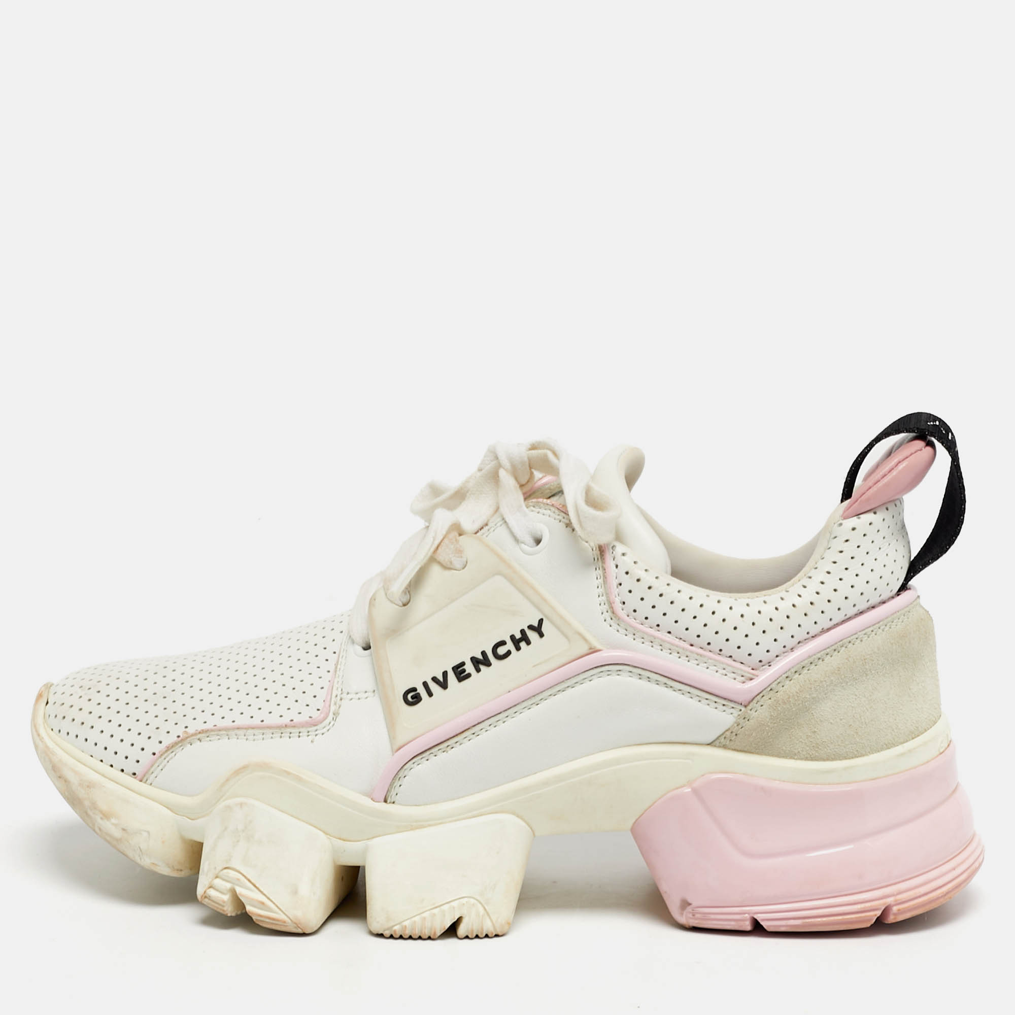 

Givenchy Jaw Size  Tricolor Leather and Suede Low Top Sneakers, White