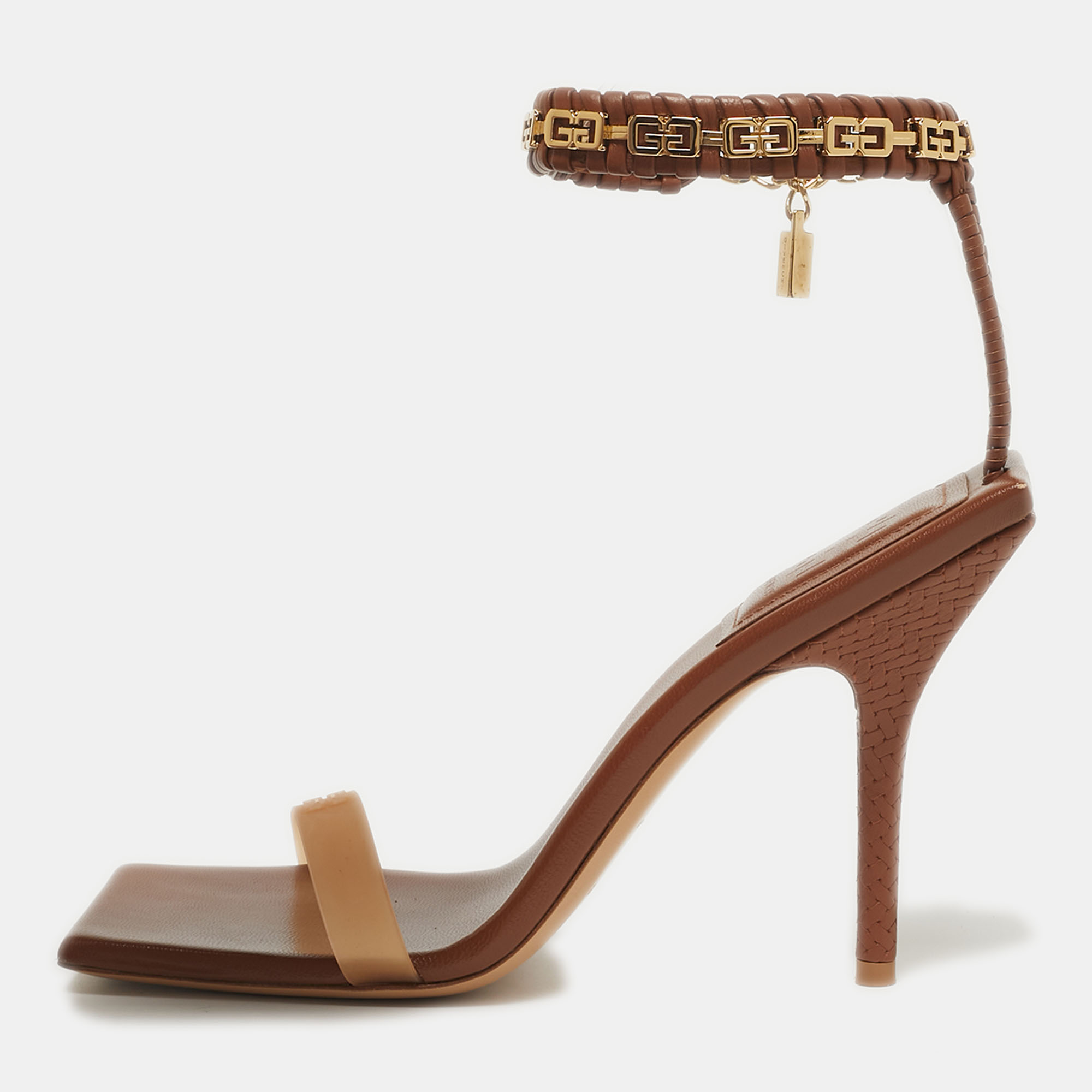 

Givenchy 4G Size  Brown Woven Leather and Rubber Ankle Strap Sandals