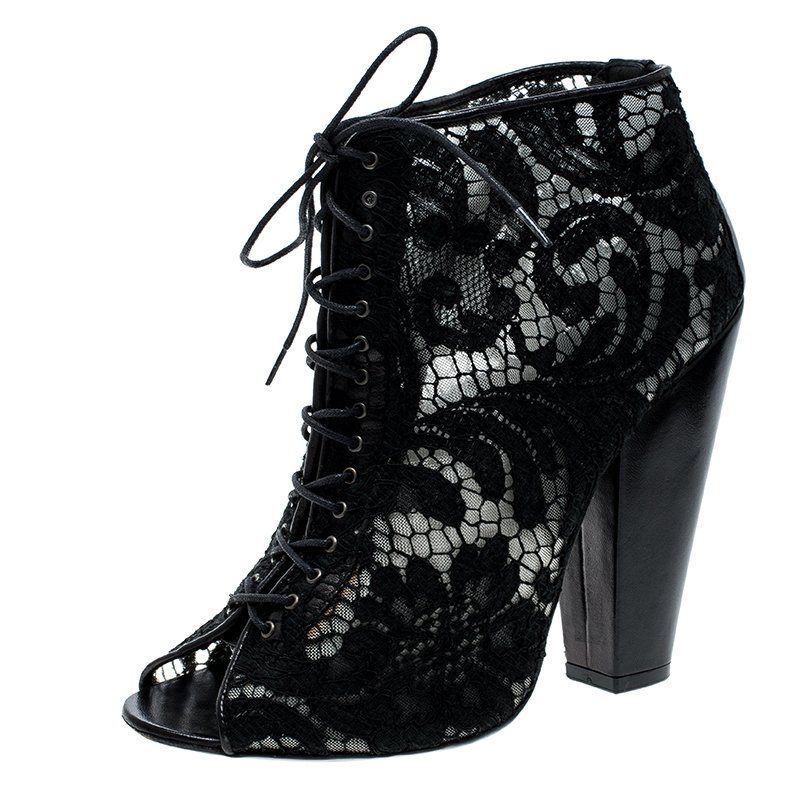 Black Lace Peep Toe Lace Up Ankle Boots 