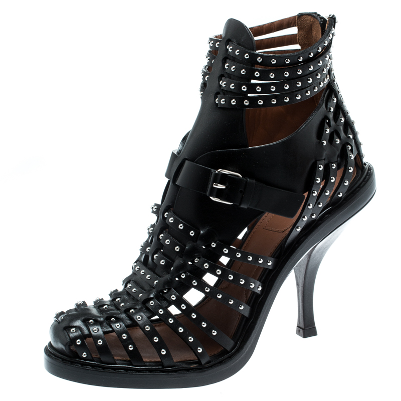 Pre Owned Givenchy Black Leather Studded Gladiator Sandals Size 37.5