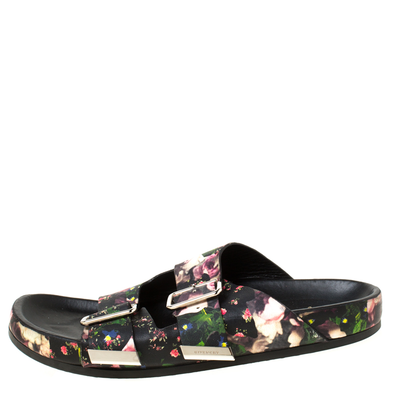 

Givenchy Multicolor Floral Print Leather Double Buckle Banded Flat Slides Size