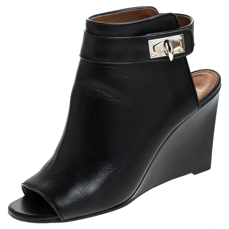 Pre Owned Givenchy Black Leather Shark Lock Wedge Ankle Strap Sandals Size 39