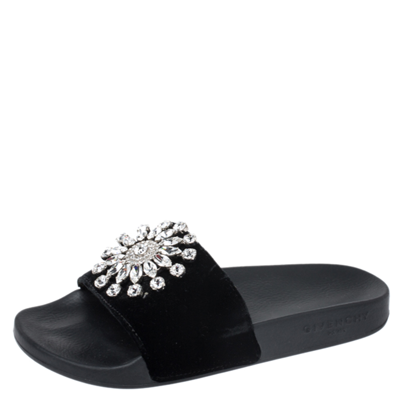 Givenchy Black Velvet Crystal Embellished Pool Slide Sandals Size 36