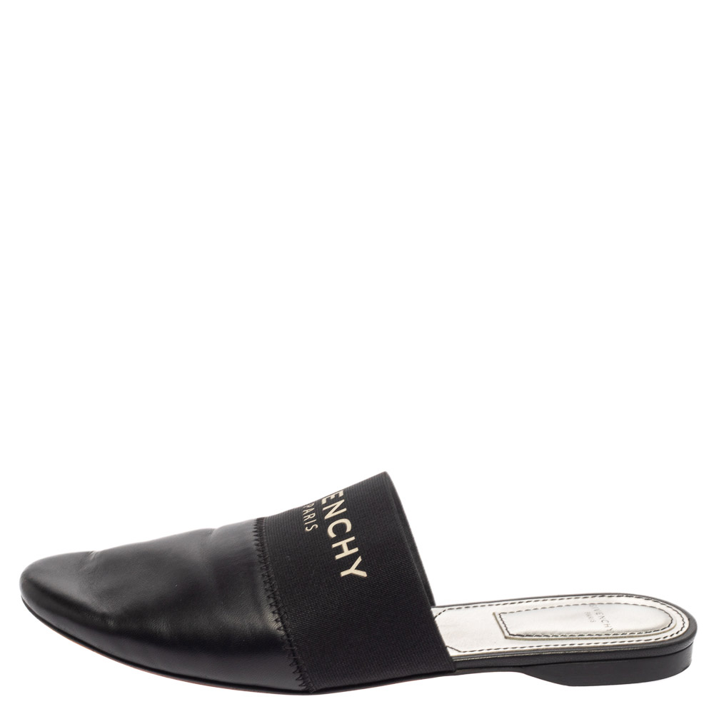 

Givenchy Black Leather And Elastic Logo Flat Mules Size