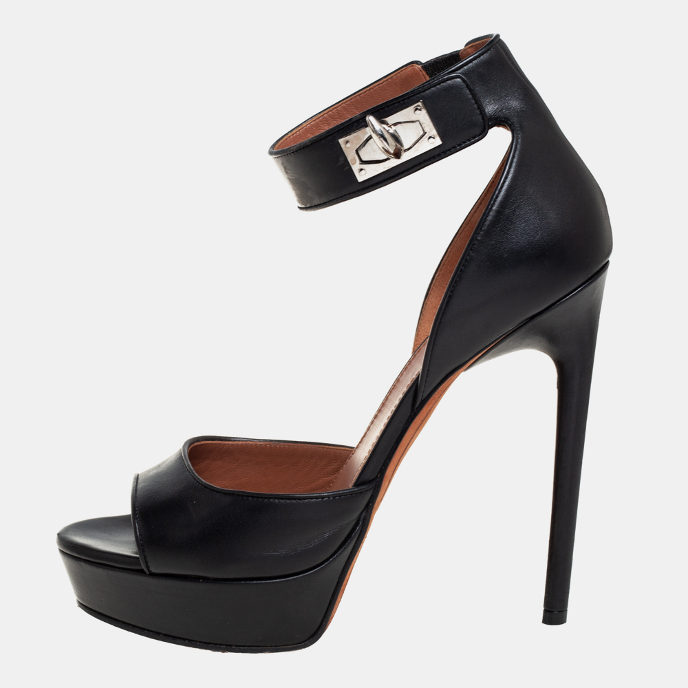 

Givenchy Black Leather Shark Tooth Ankle Strap Open Toe Platform Sandals Size