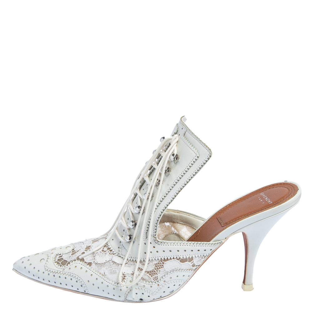 

Givenchy White Brogue Leather and Lace Maremma Mules Size