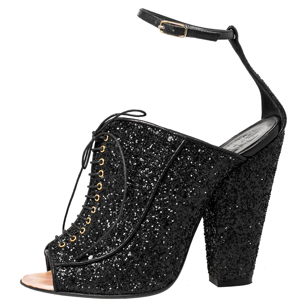 

Givenchy Black Glitter Lace Up Peep Toe Ankle Strap Sandals Size