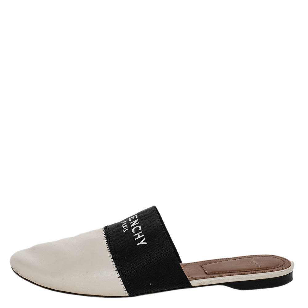 

Givenchy White/Black Leather And Fabric Logo Mule Sandals Size