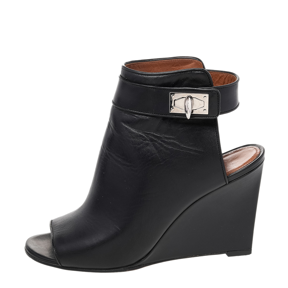 

Givenchy Black Leather Shark Lock Peep-Toe Wedge Booties Size