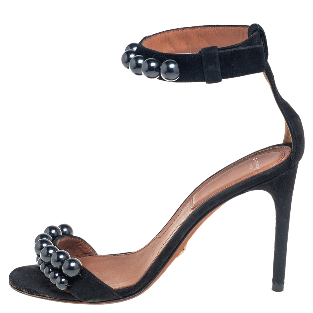 

Givenchy Black Suede Faux Pearl Embellished Open Toe Ankle Strap Sandals Size