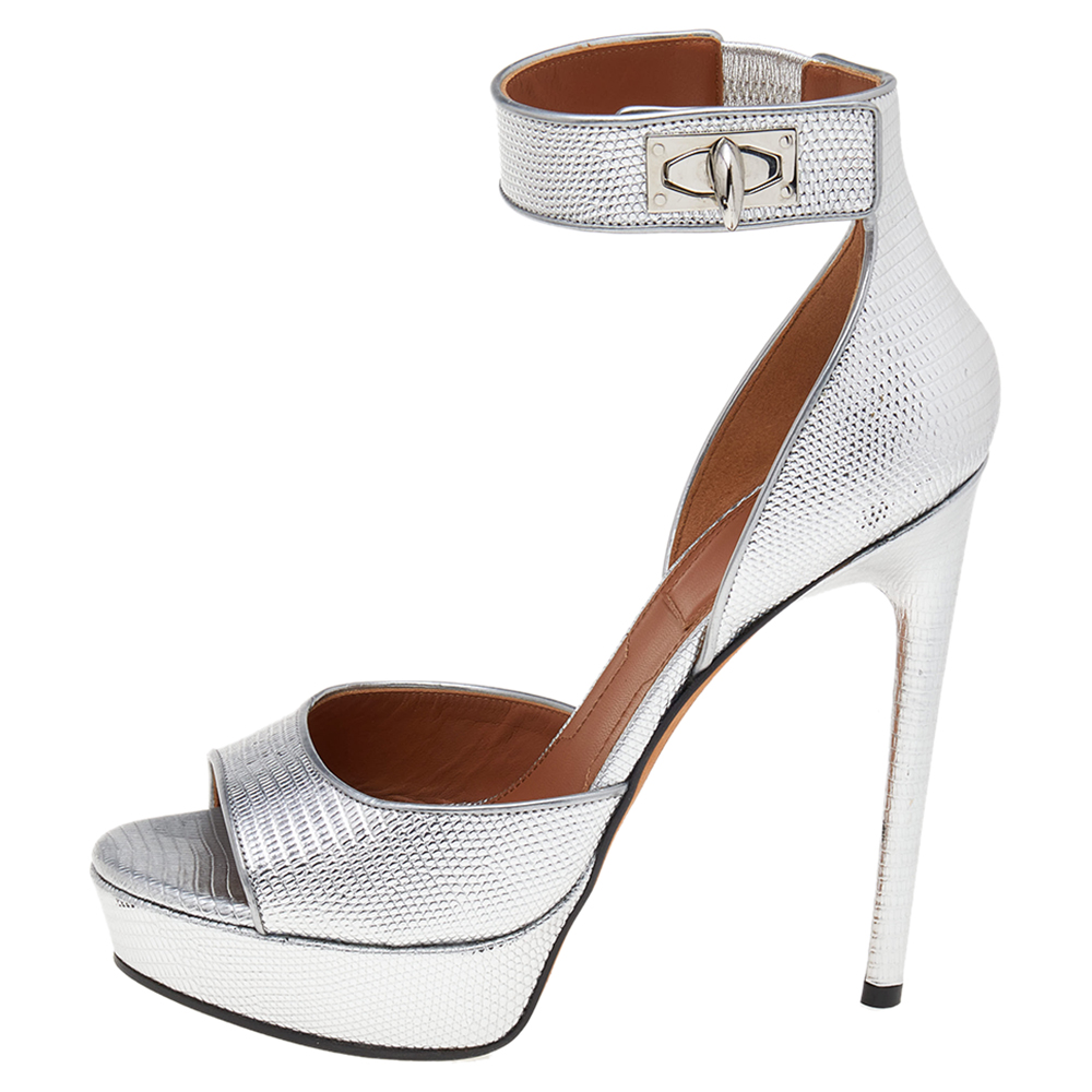 

Givenchy Silver Leather Shark Lock Ankle Strap Sandals Size