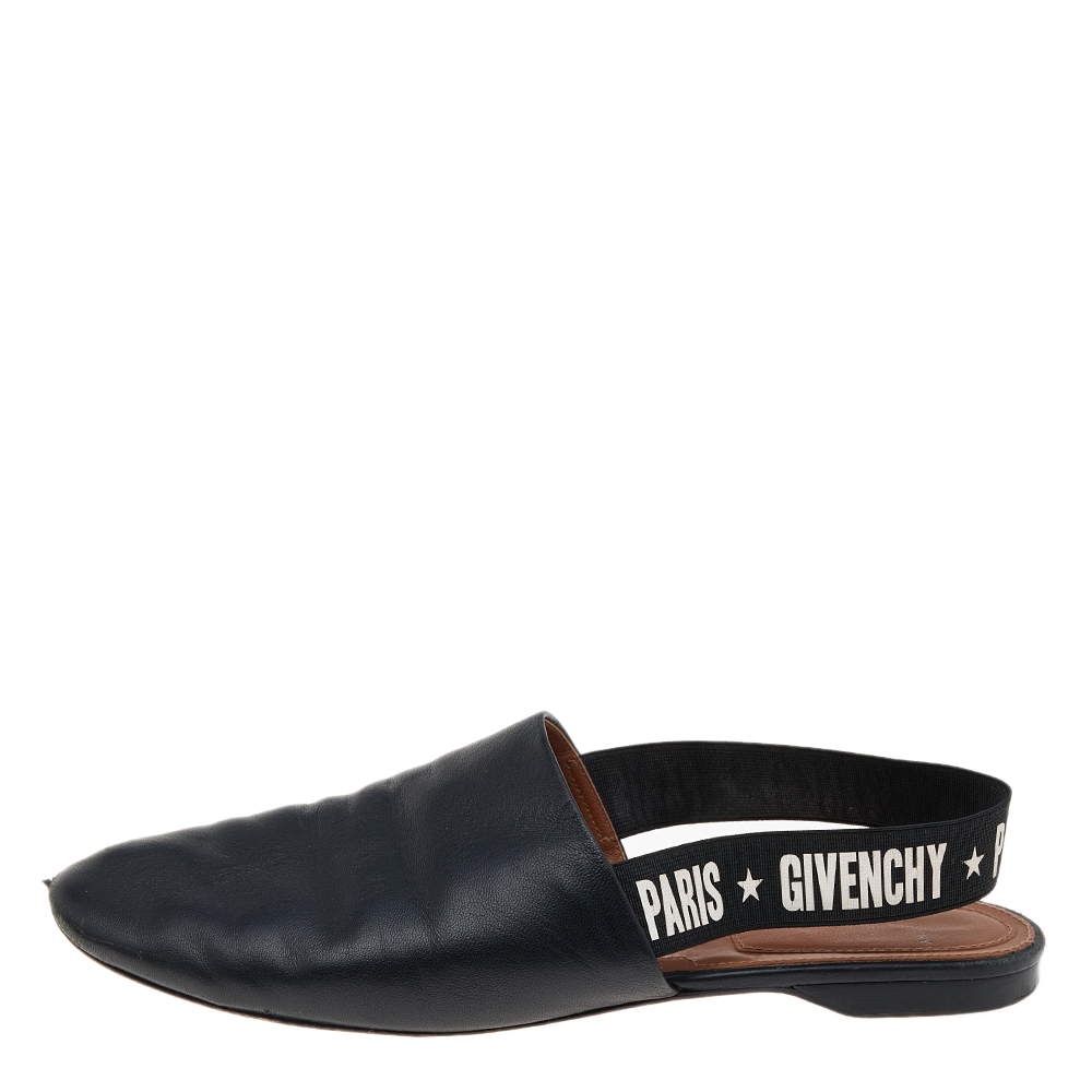 

Givenchy Black Leather Rivington Logo Slingback Flat Mules Size