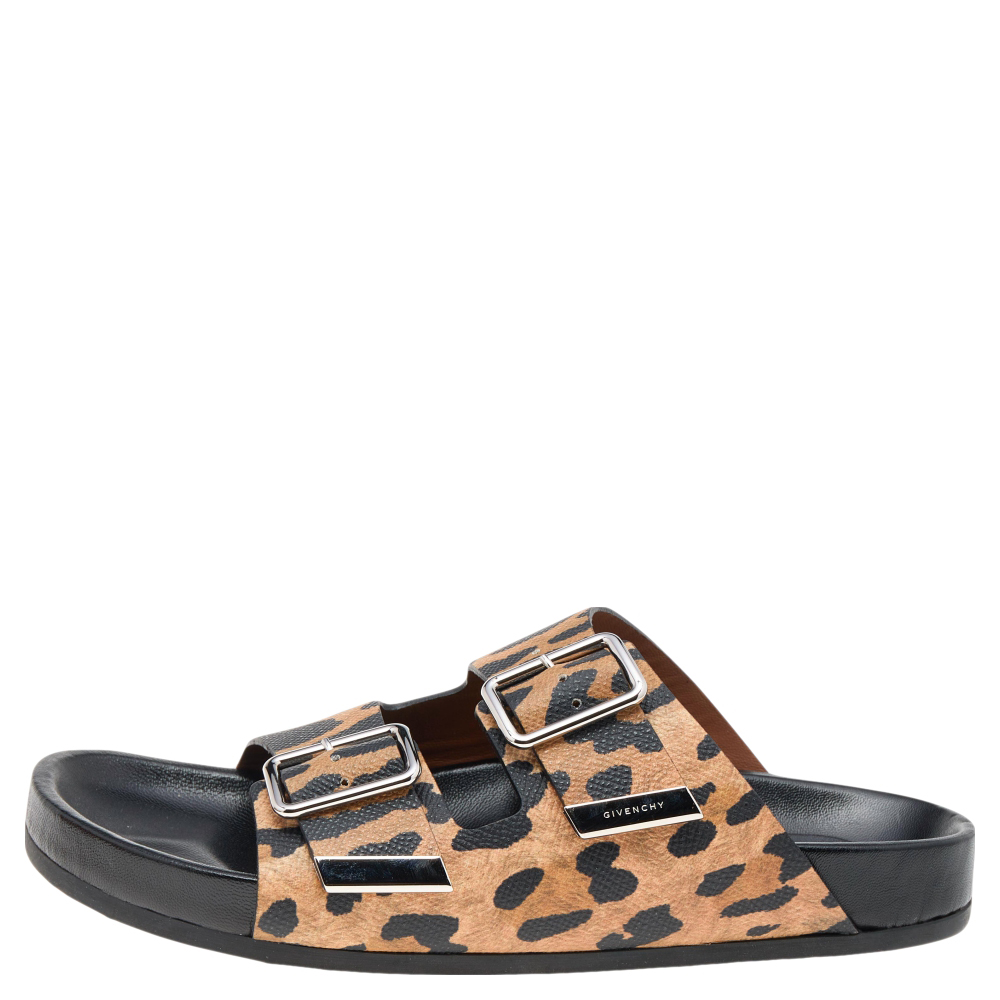 

Givenchy Beige/Black Leopard Print Lizard Embossed Leather Flat Slides Size