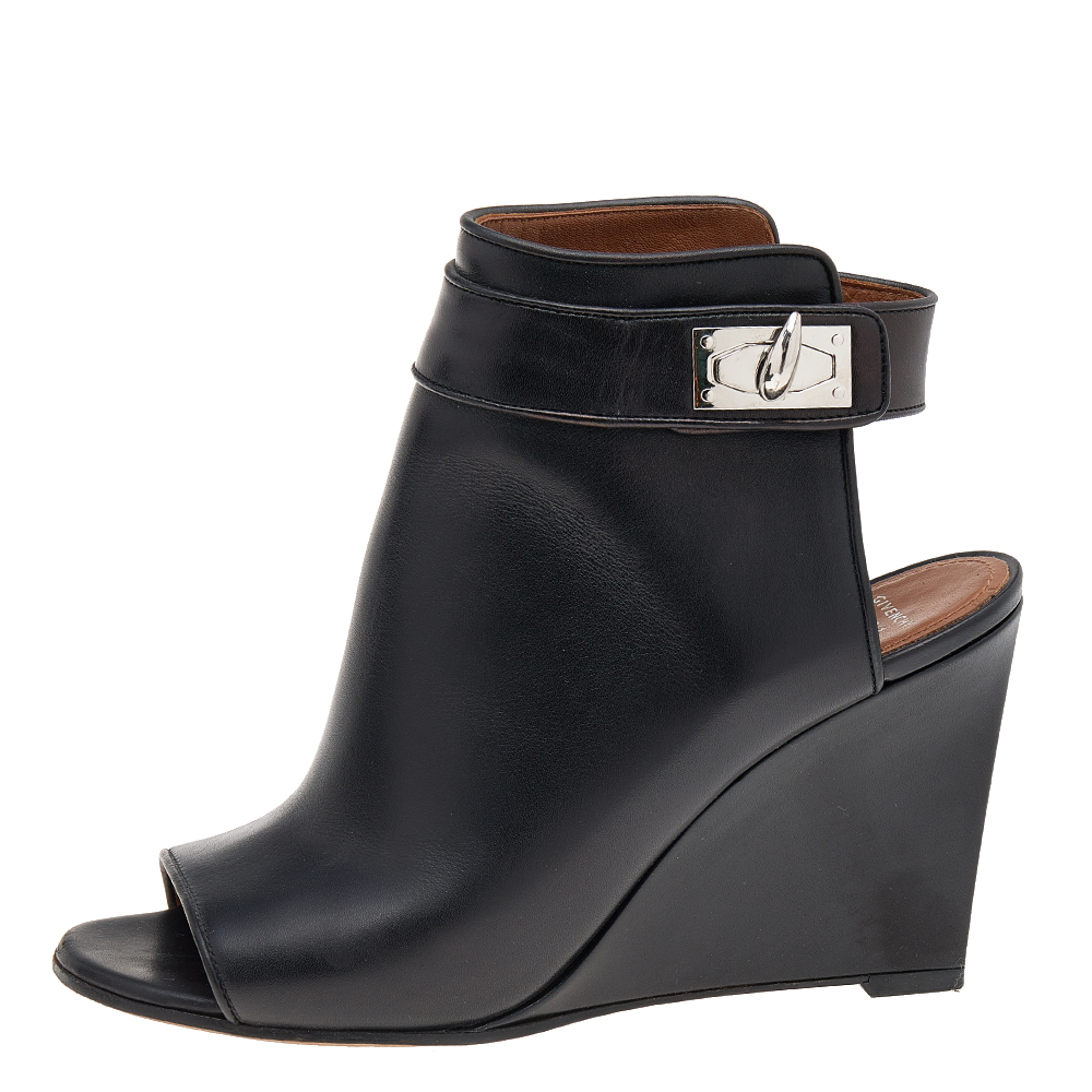 

Givenchy Black Leather Shark Lock Peep Toe Ankle Boots Size