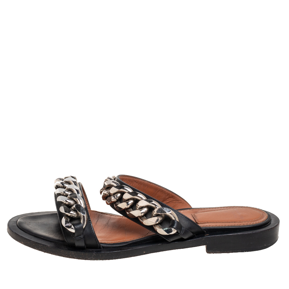 

Givenchy Black Leather Chain Trimmed Flat Sandals Size