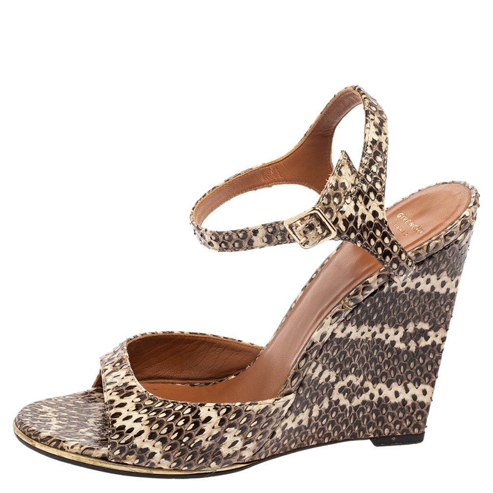 

Givenchy Beige/Cream Python Embossed Leather Ankle Strap Wedge Sandals Size