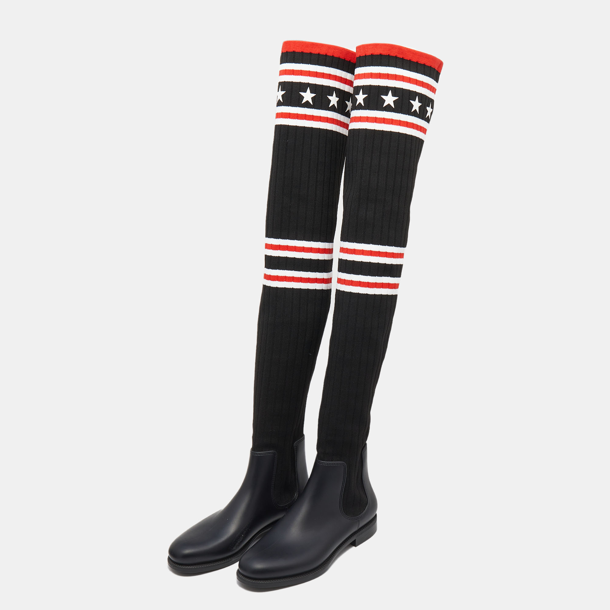 

Givenchy Black Stretch Fabric And Rubber Storm Thigh High Boots Size