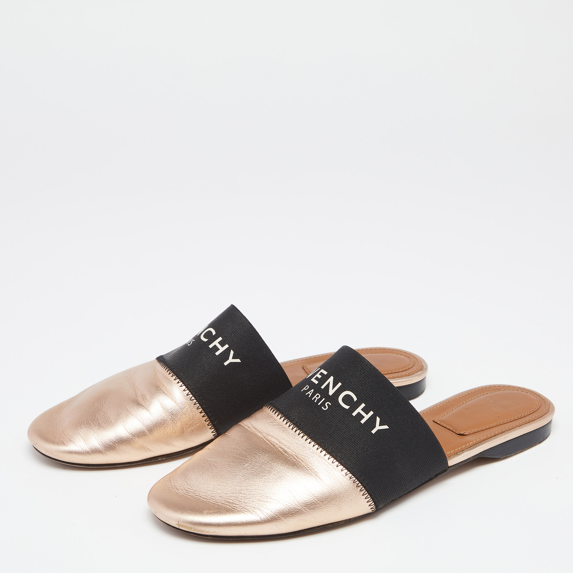 

Givenchy Rose Gold Leather Logo Mules Size