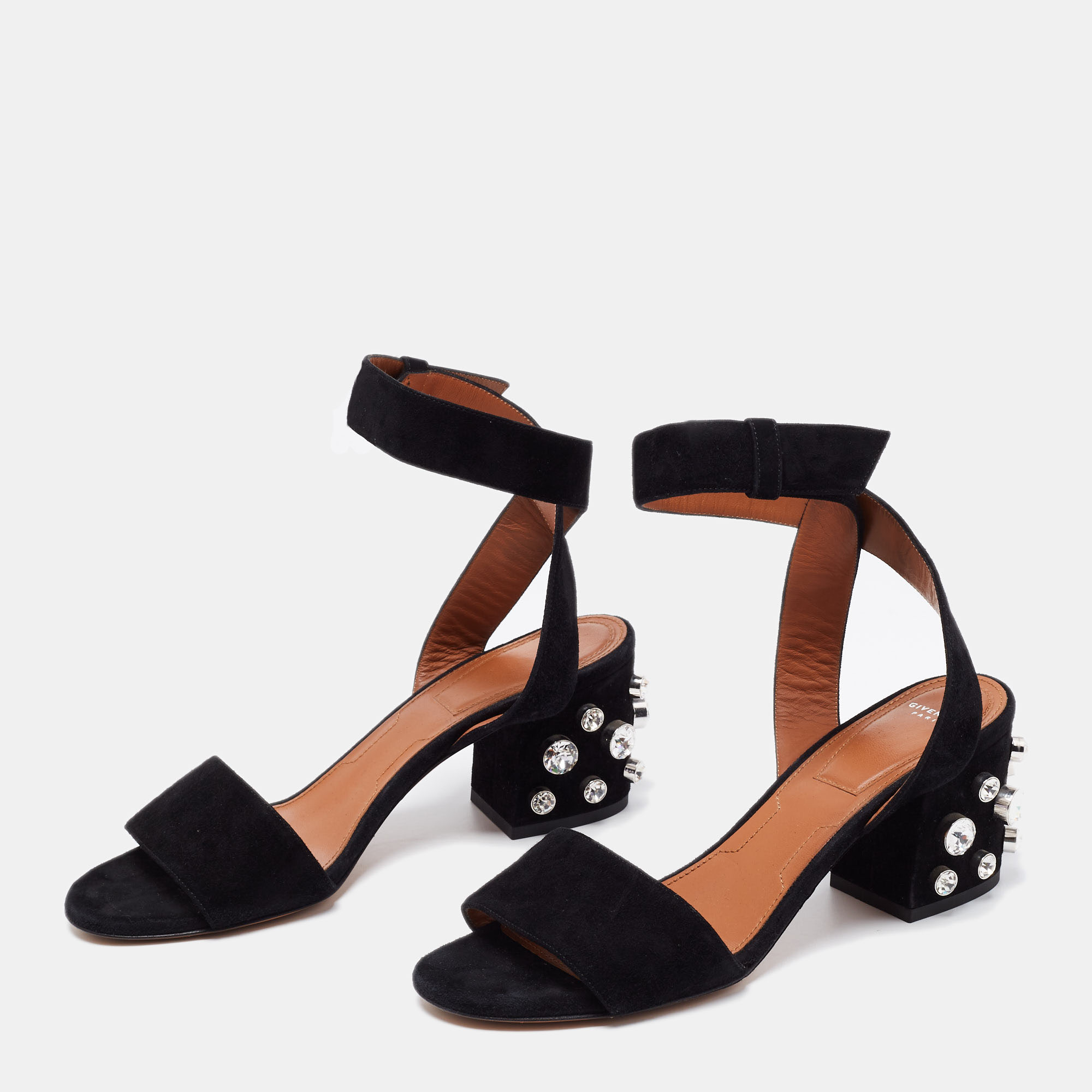 

Givenchy Black Suede Block Heel Crystal Embellished Ankle Strap Sandals Size