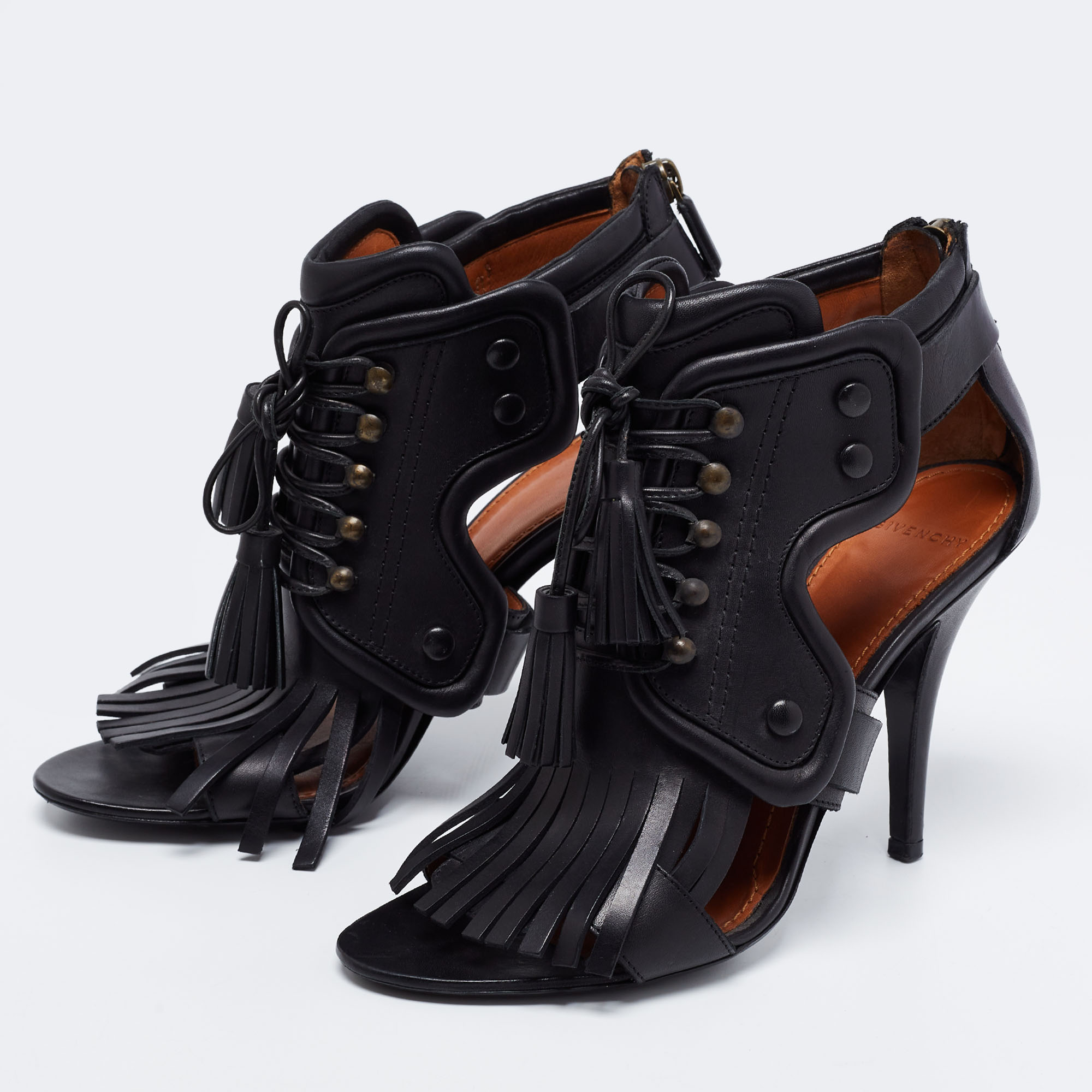 

Givenchy Black Leather Fringe Detail Open Toe Lace Up Ankle Booties Size