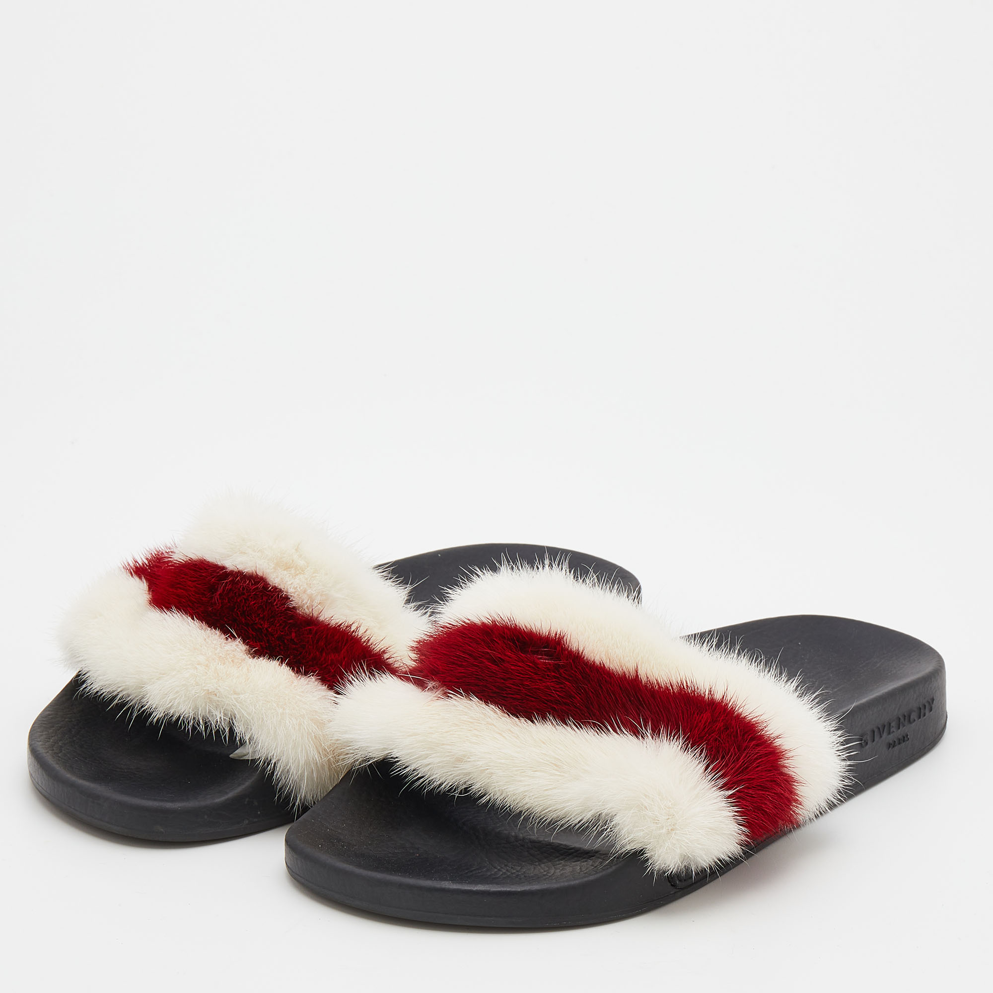 

Givenchy White/Red Mink Fur Striped Flat Slides Size