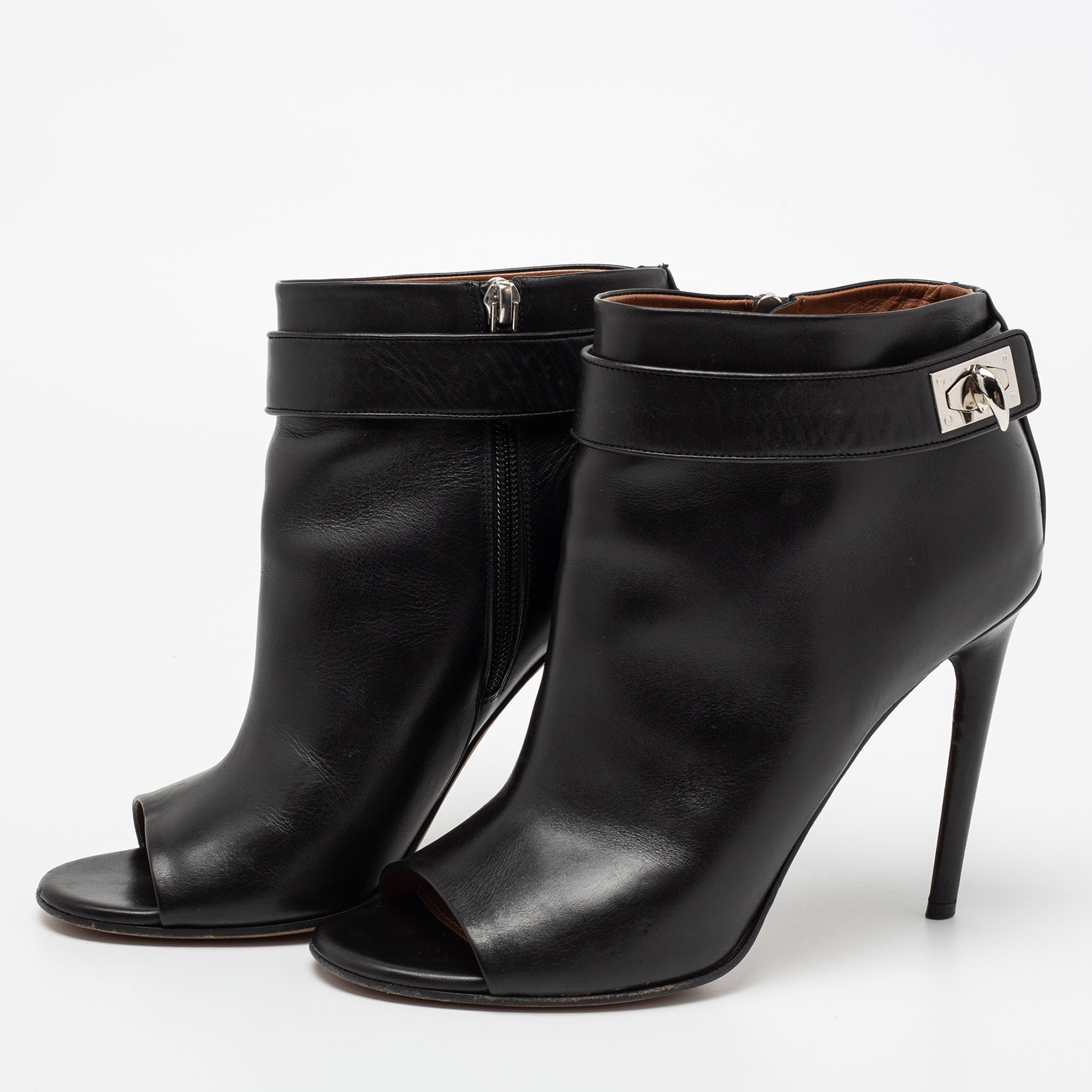 

Givenchy Black Leather Shark Lock Open-Toe Ankle Booties Size