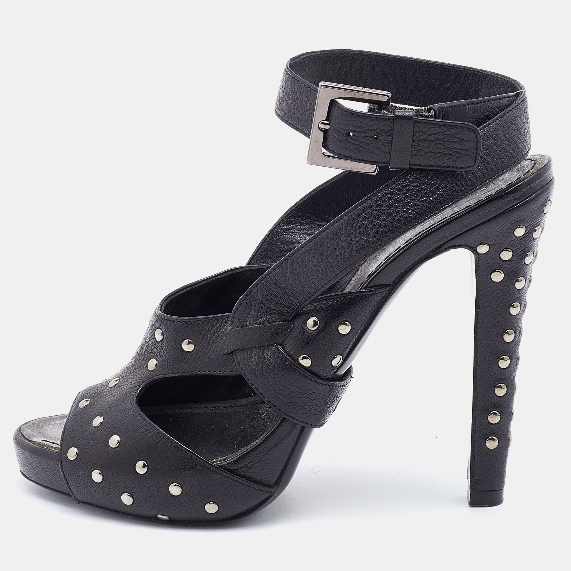 Pre-owned Givenchy Black Leather Studded Ankle Strap Sandals Size 37