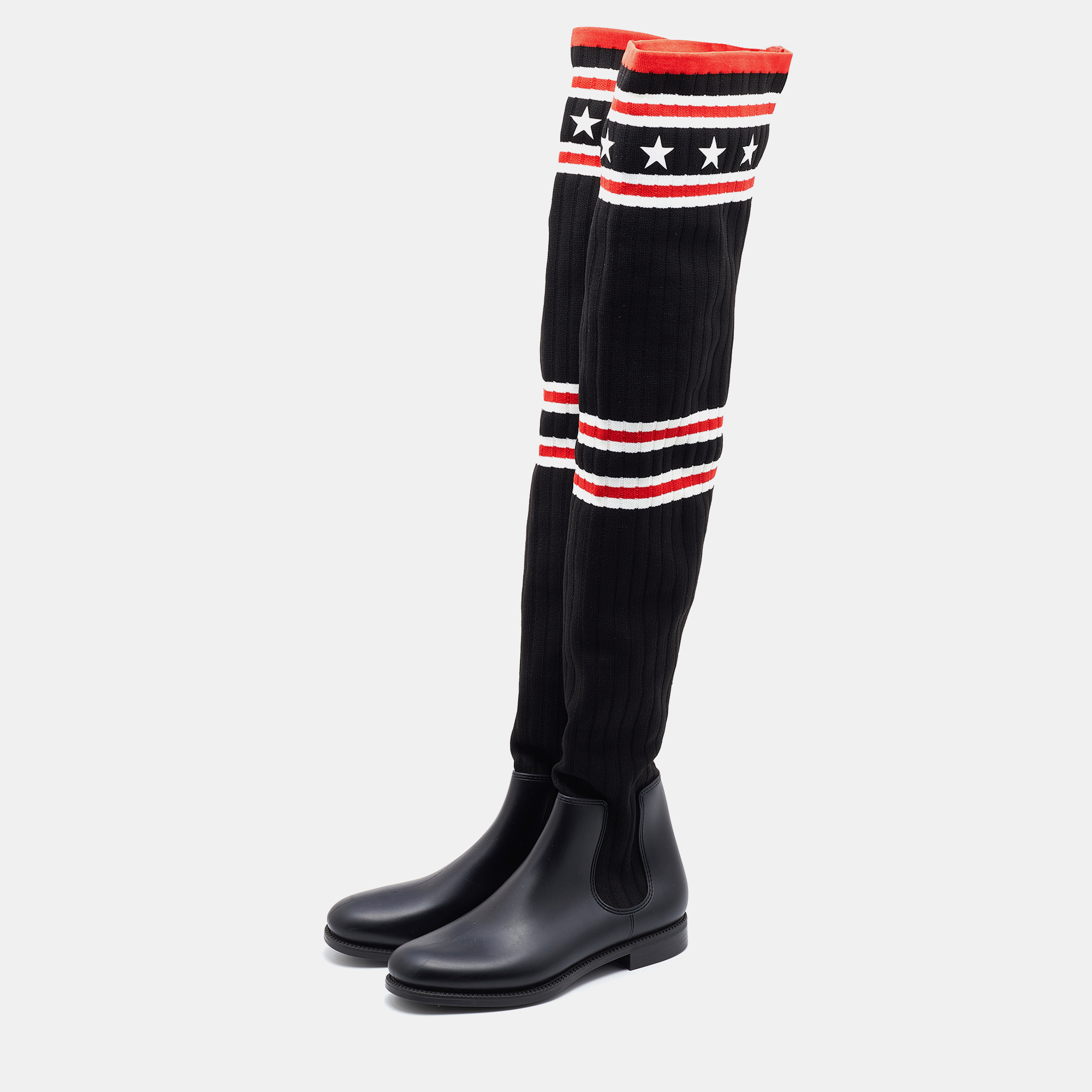 

Givenchy Black Knit Fabric and Rubber Storm Over The Knee Boots Size