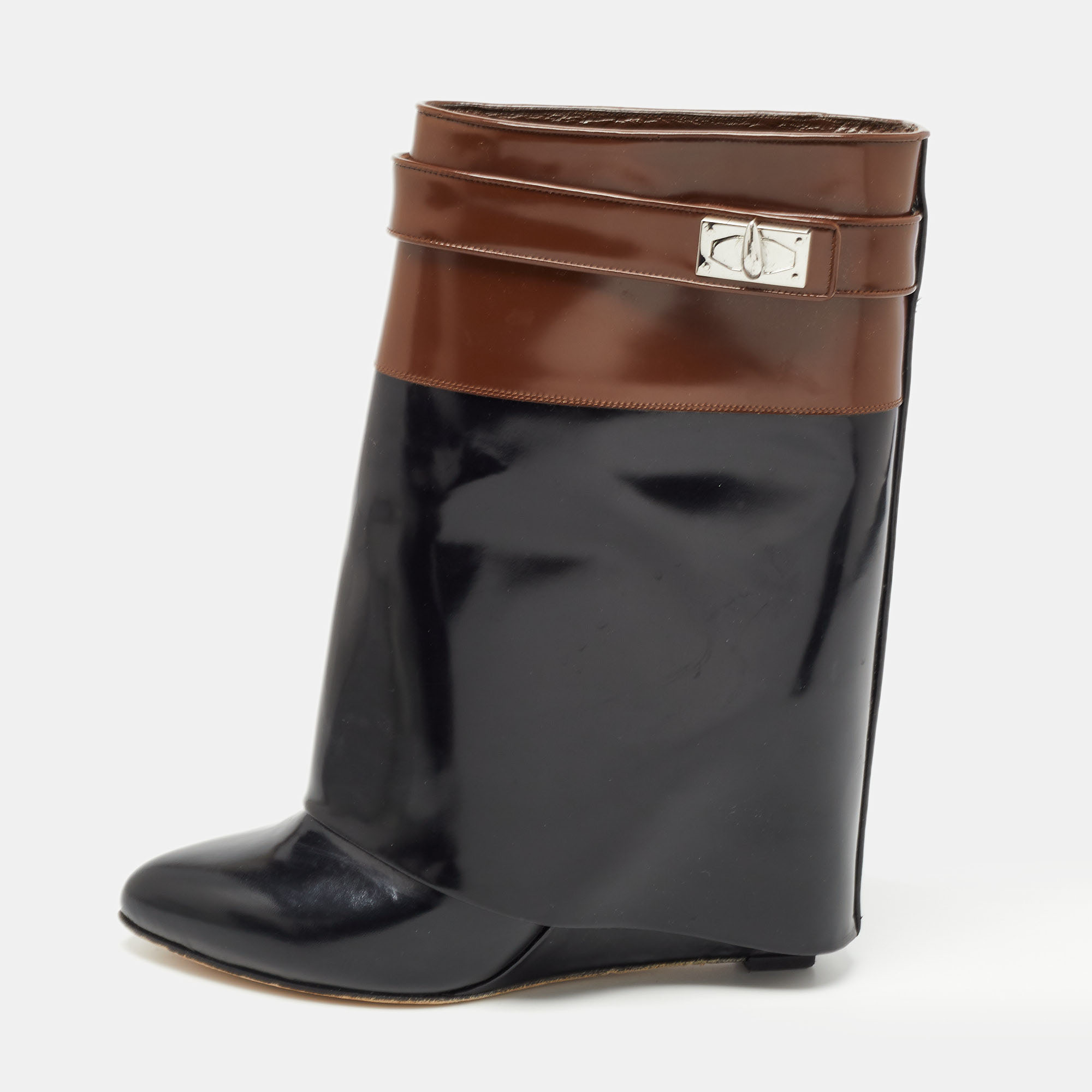 Pre Owned Givenchy Black/Brown Patent Leather Shark Calf Length Boots Size 40