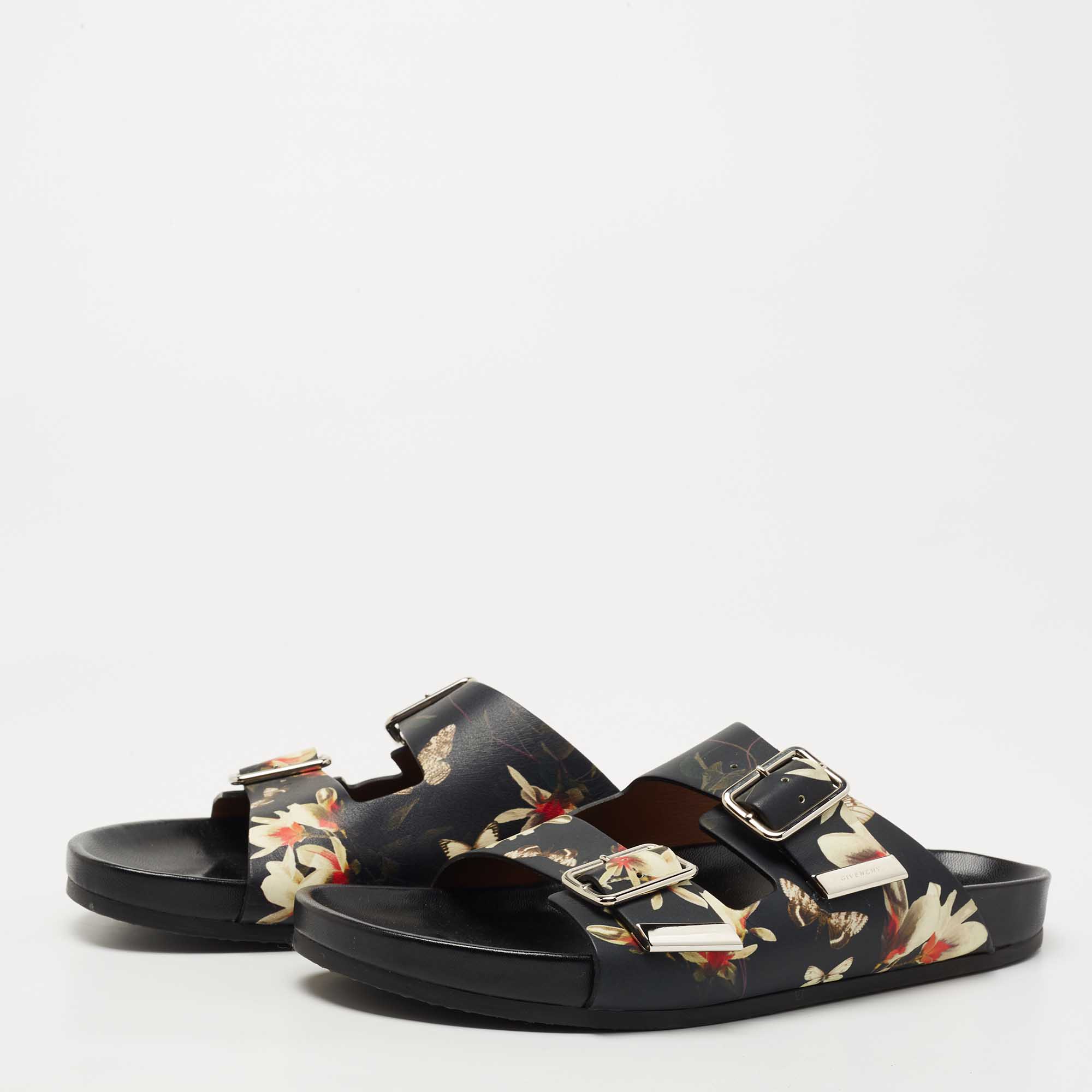 

Givenchy Black Leather Floral Print Double Buckle Flat Slides Size