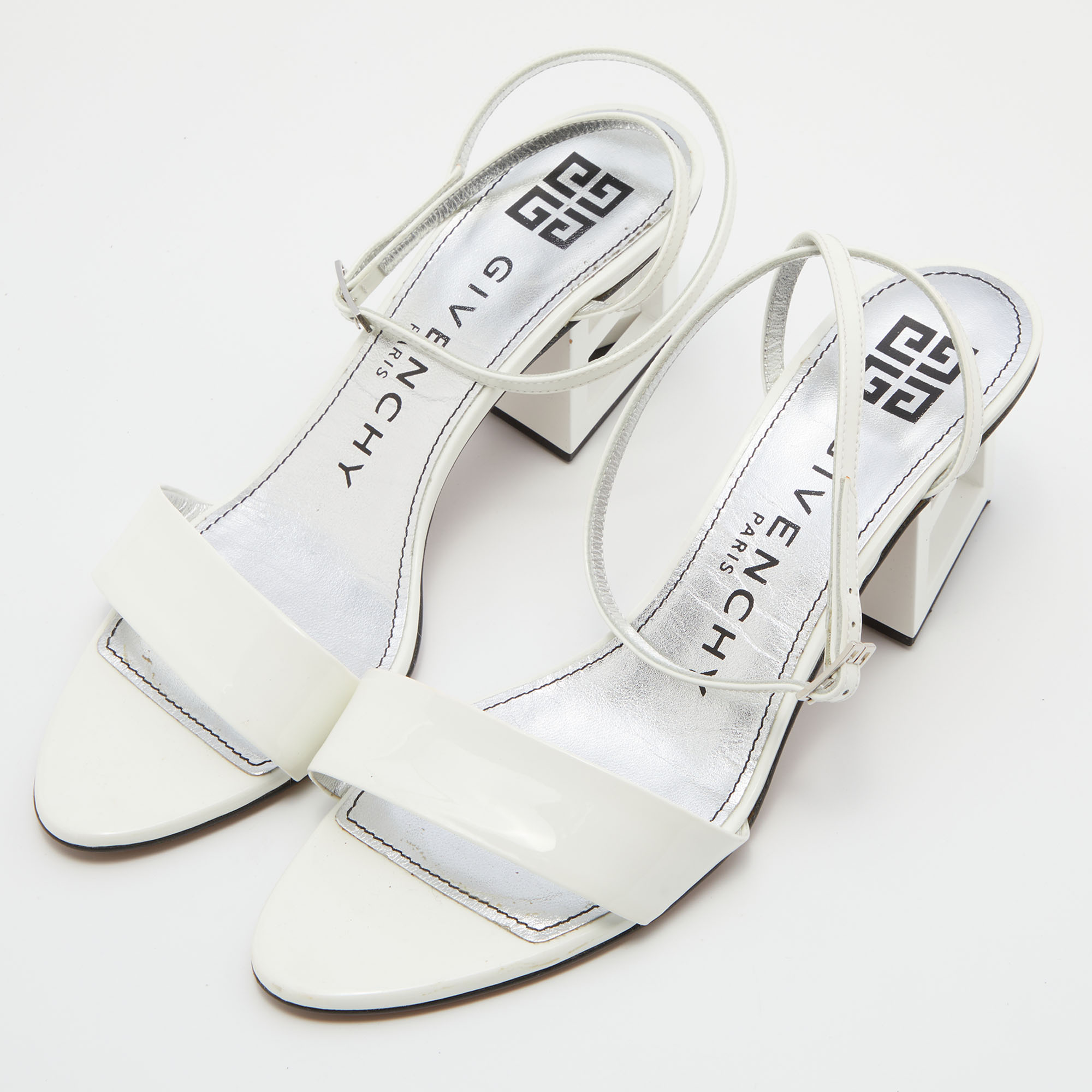 

Givenchy White Patent Leather Triangle Ankle Strap Sandals Size